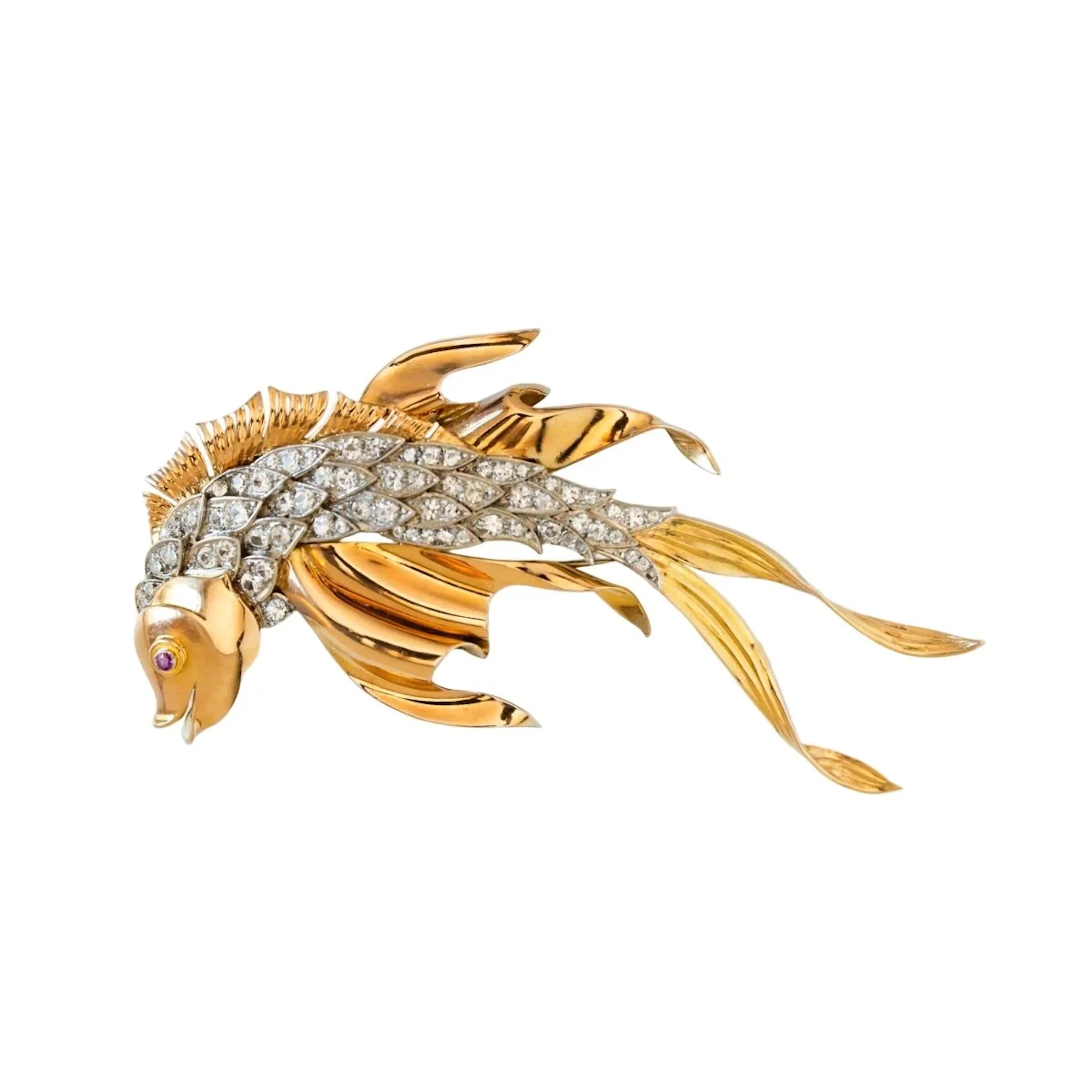 Brooch DUSAUSOY "Poisson" in yellow gold, paltinium, ruby and diamonds