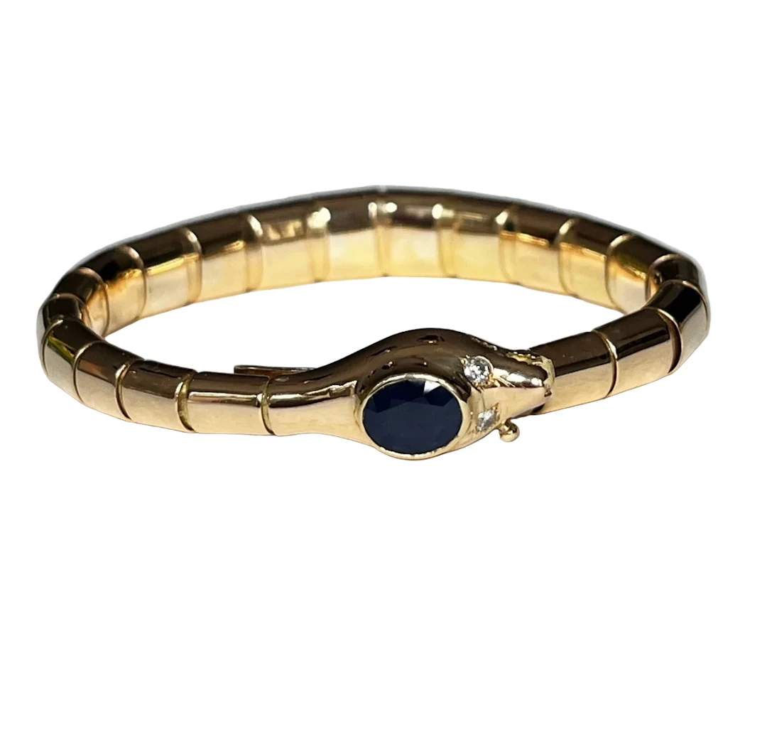 Jonc bracelet in yellow gold, sapphire and diamonds