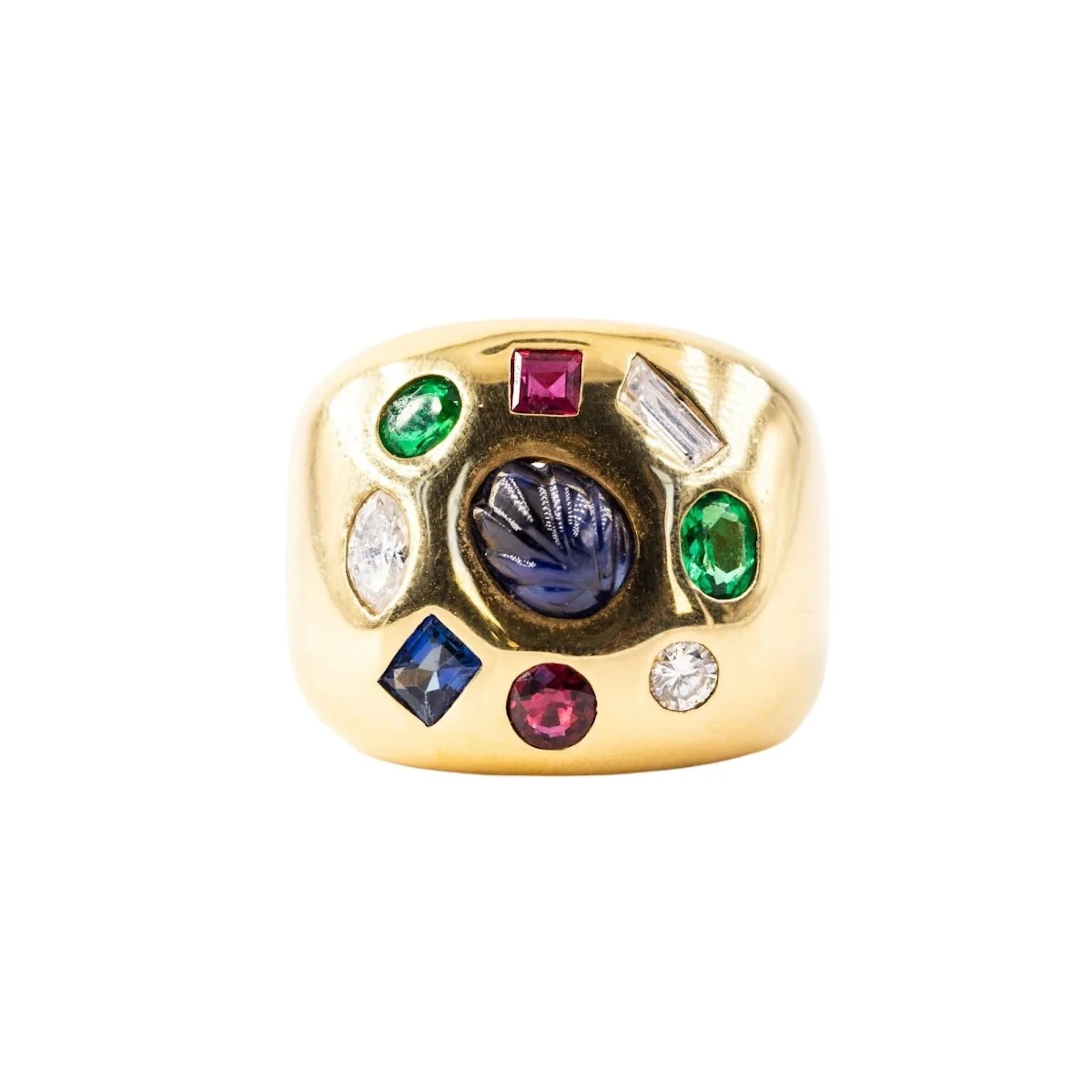 Signet ring in yellow gold, emeralds, rubies, sapphires and diamonds