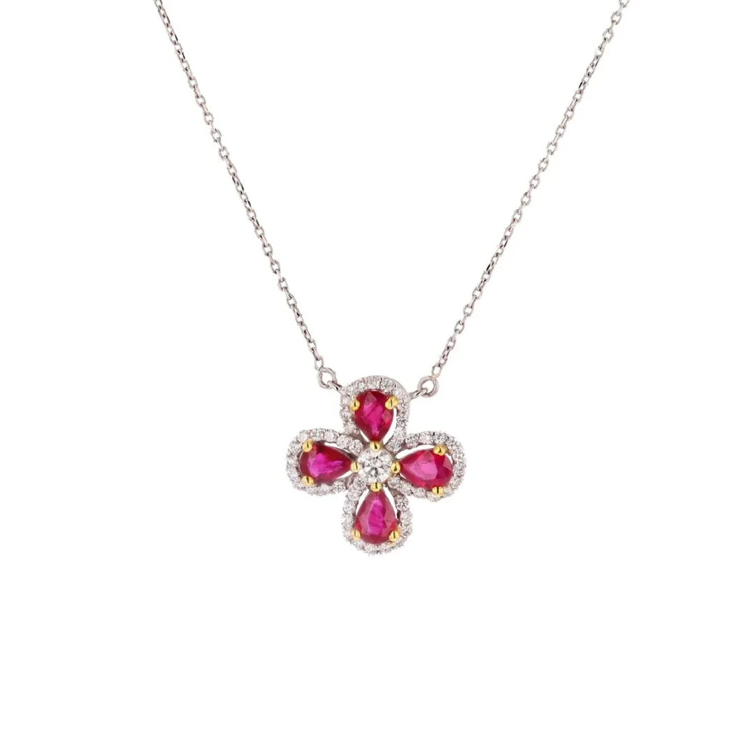 White Gold Necklace with Ruby and Diamond Pendant
