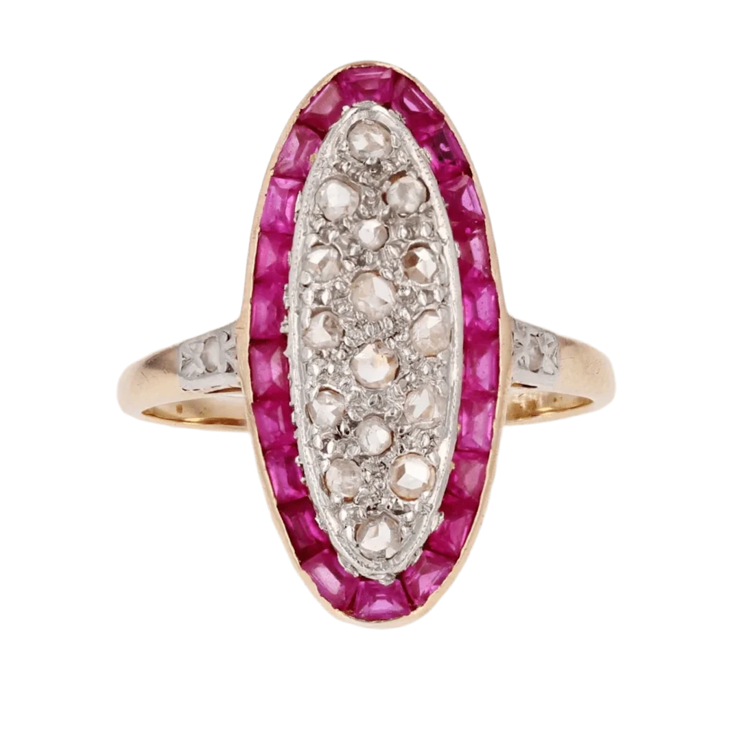 Marquise ring in yellow gold, platinum, rubies and diamonds