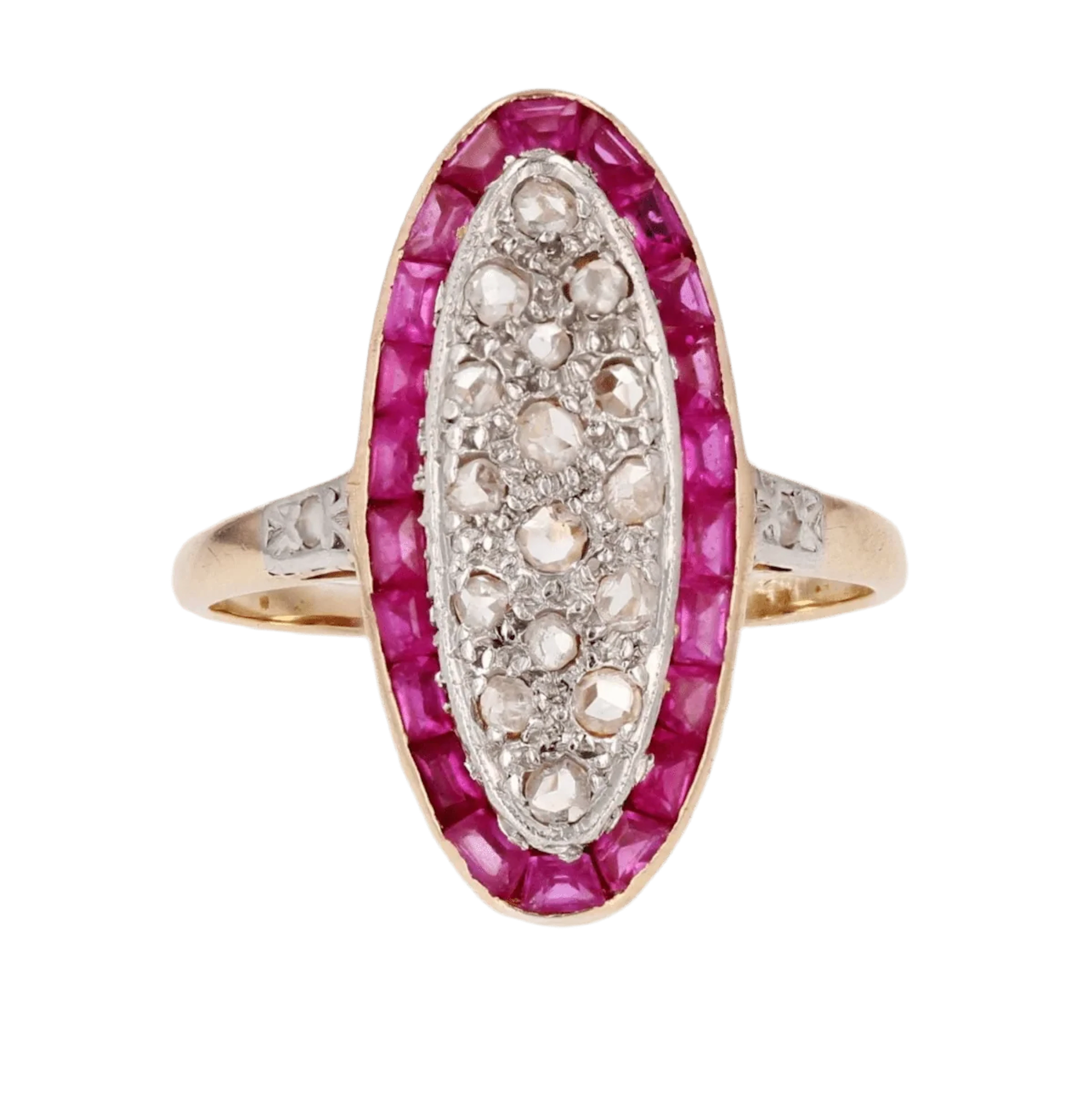 Marquise ring in yellow gold, platinum, rubies and diamonds