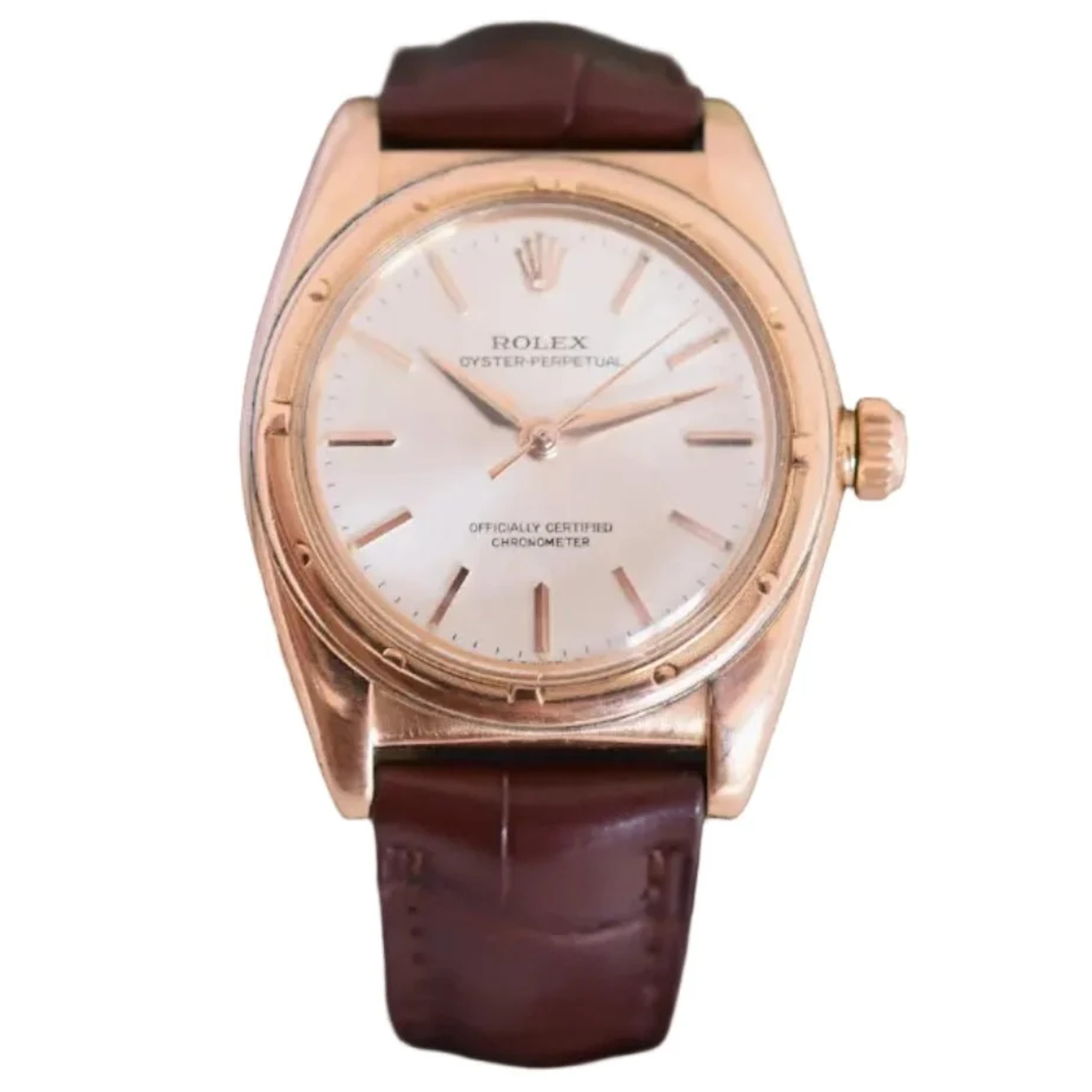 Montre ROLEX "Perpetual Ovetto Bubbleback" en or rose et cuir