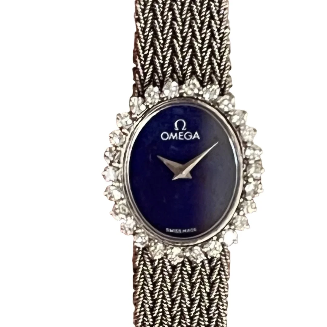 6580 - Montre dame OMEGA Or Gris Diamants Lapis Lazuli