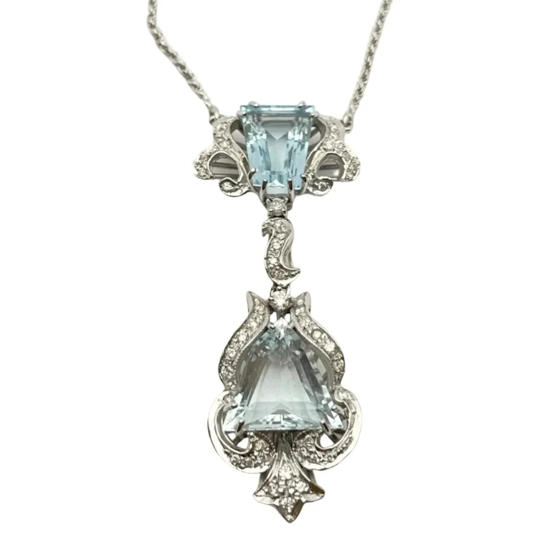 White Gold Necklace with Aquamarine and Diamond Pendant