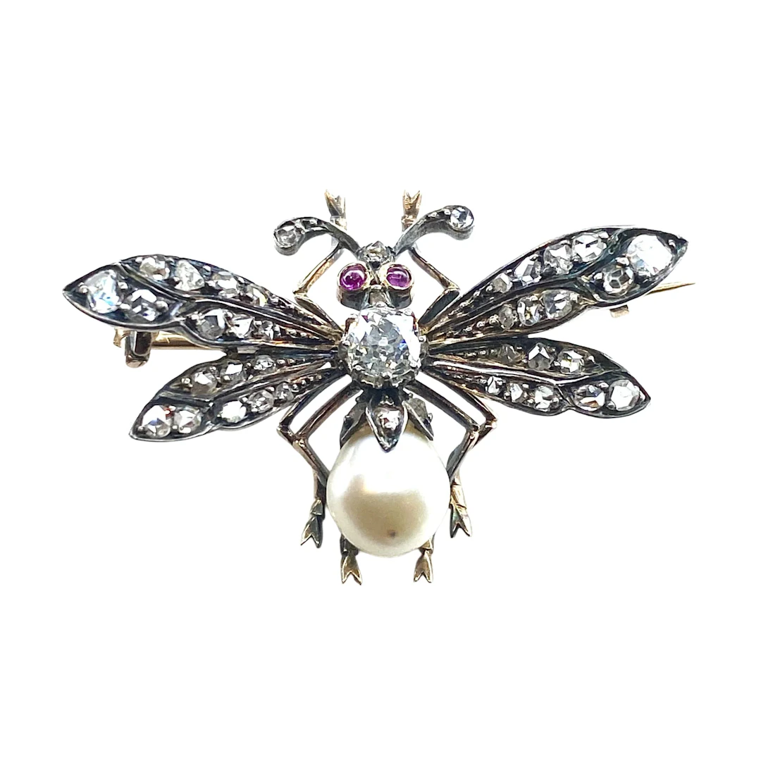 18 carat gold and silver fly brooch with diamonds and fine pearls circa 1850