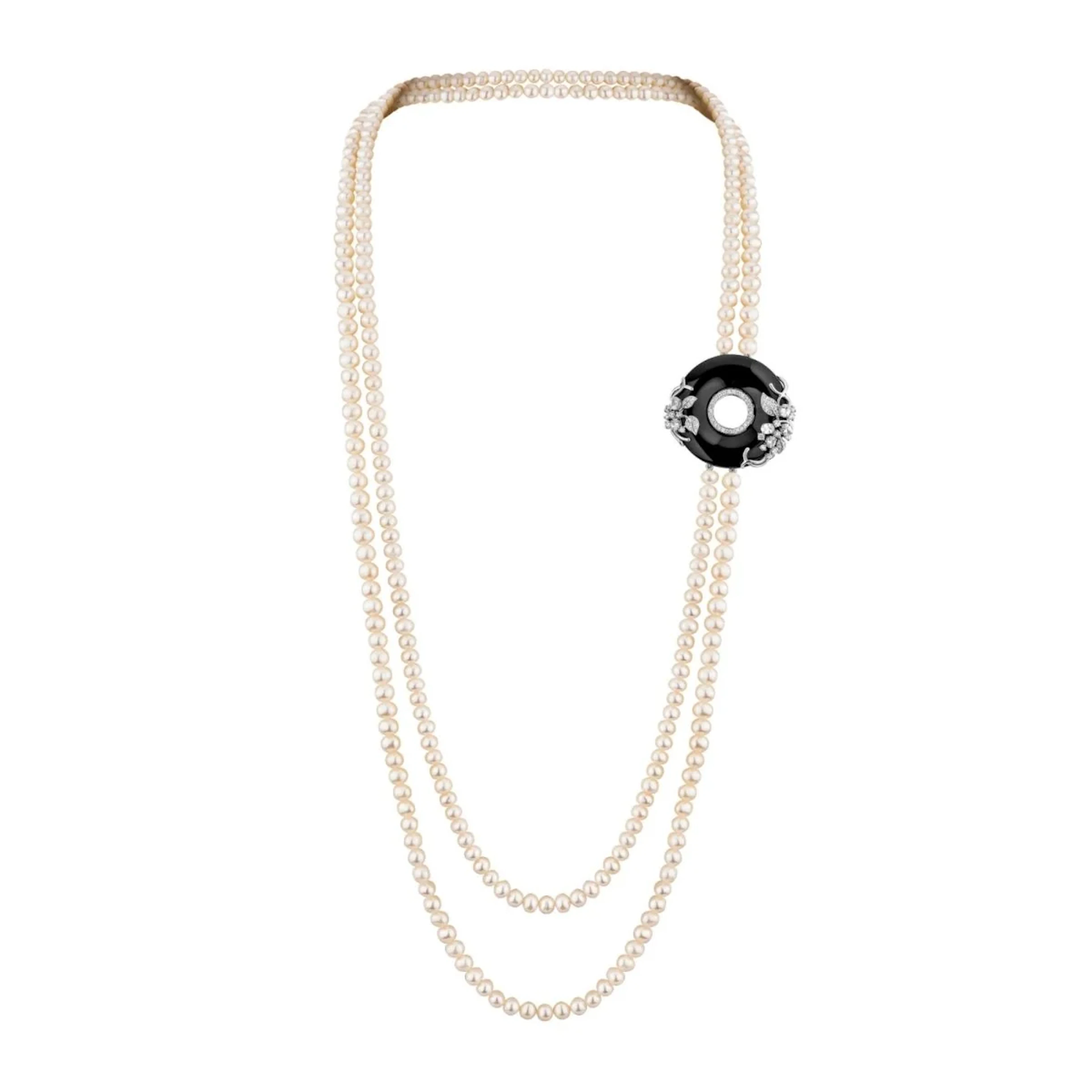 "Moon Pearl" Long Necklace in Silver, Pearls, Zirconium, and Onyx