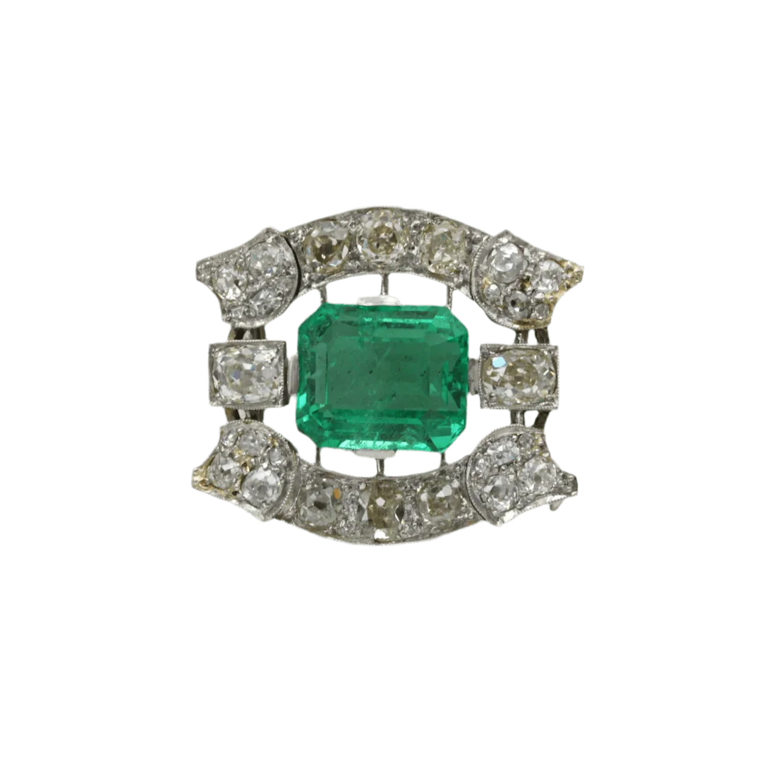 Brooch Pin in white gold, paltinium, emerald and diamonds