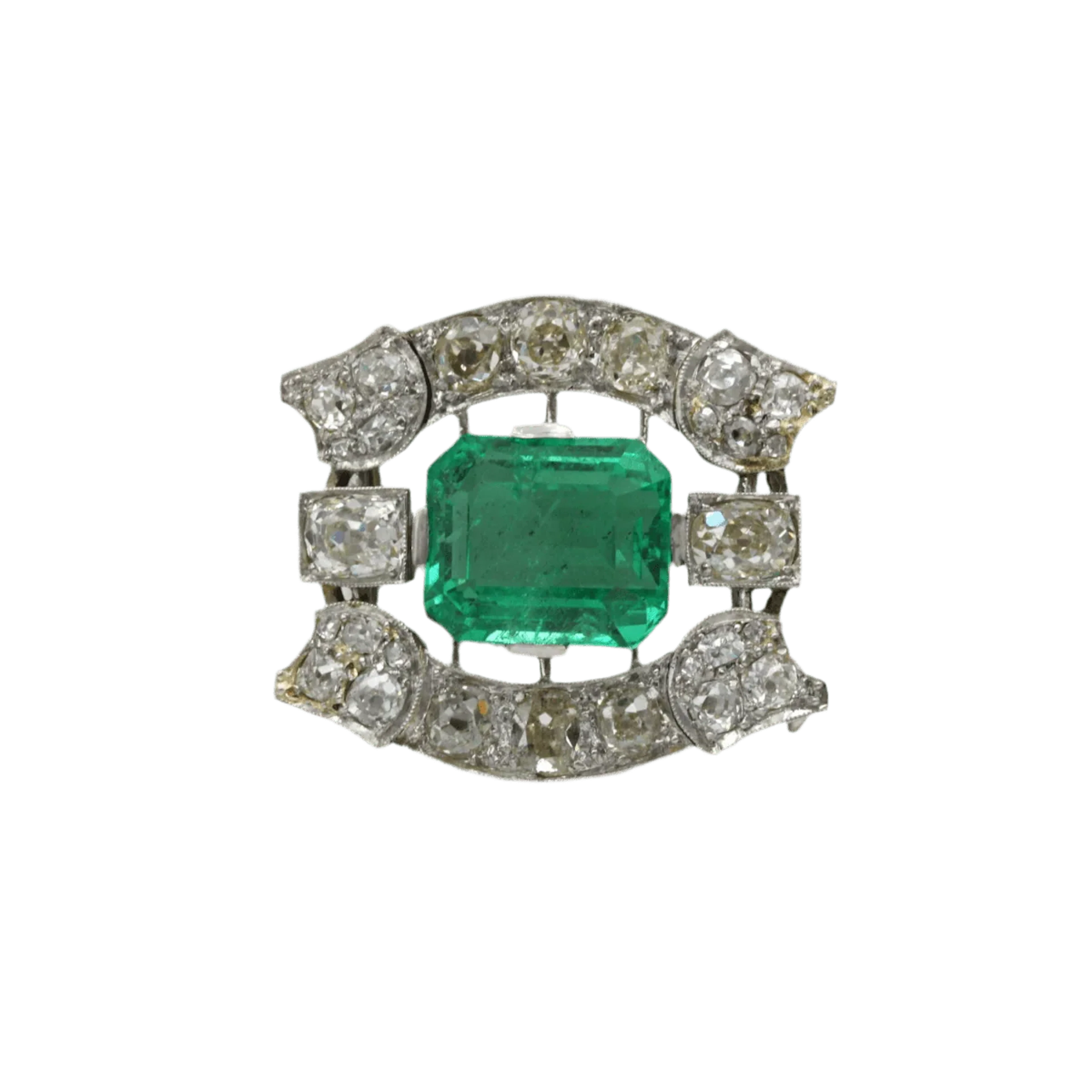 Brooch Pin in white gold, paltinium, emerald and diamonds