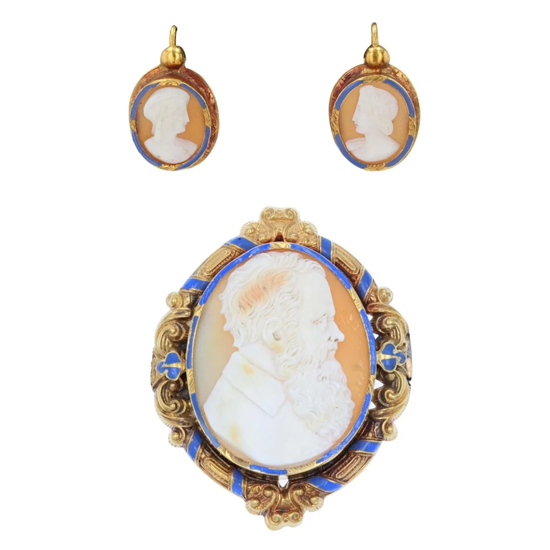 Gold brooch, pin, and sleeper earring set