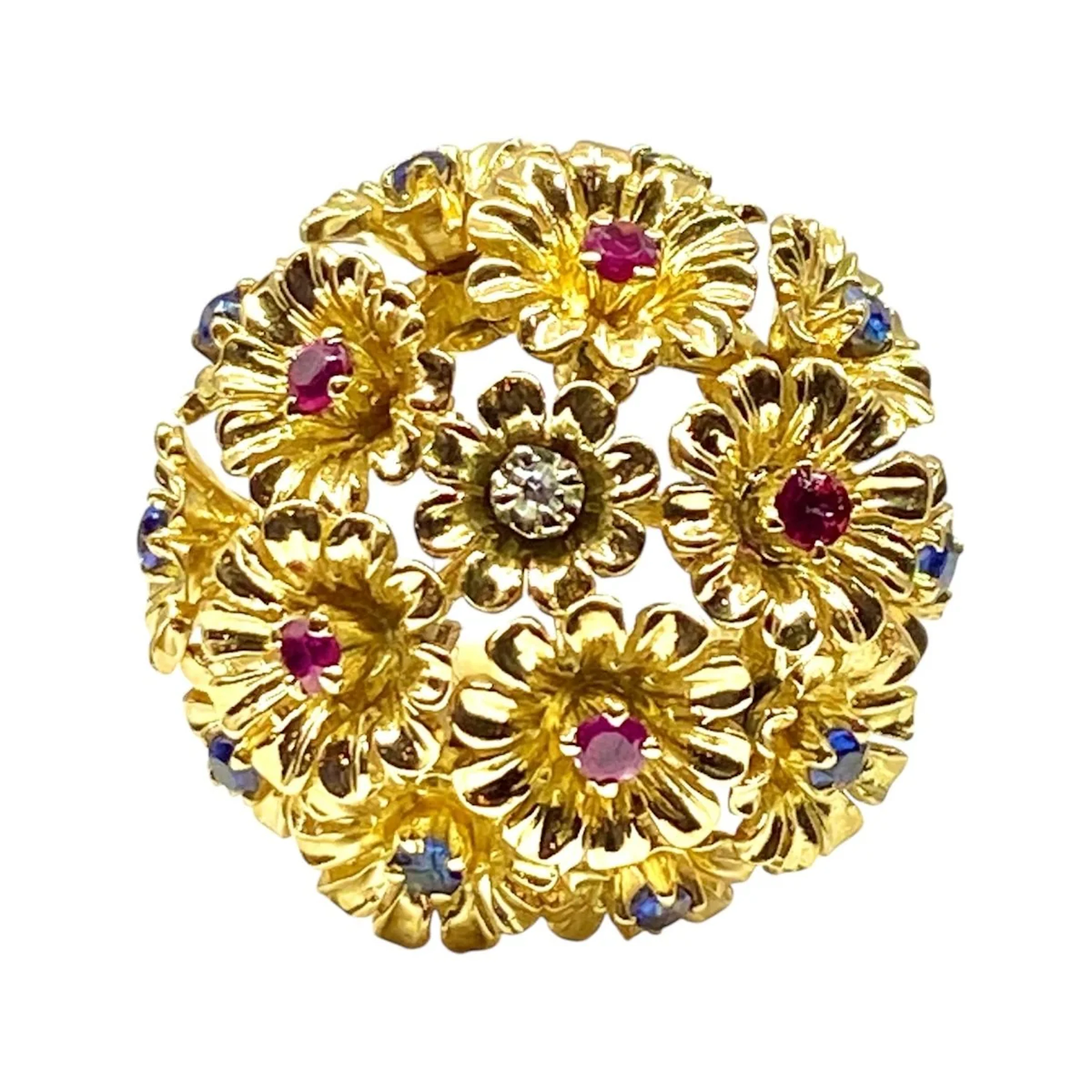 Ring in yellow gold, sapphire, ruby and diamond