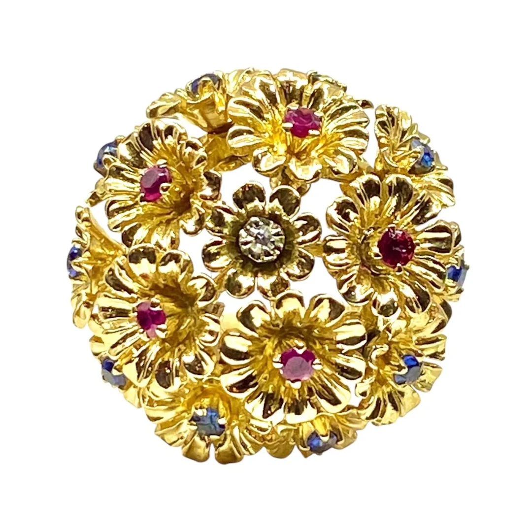 Ring in yellow gold, sapphire, ruby and diamond