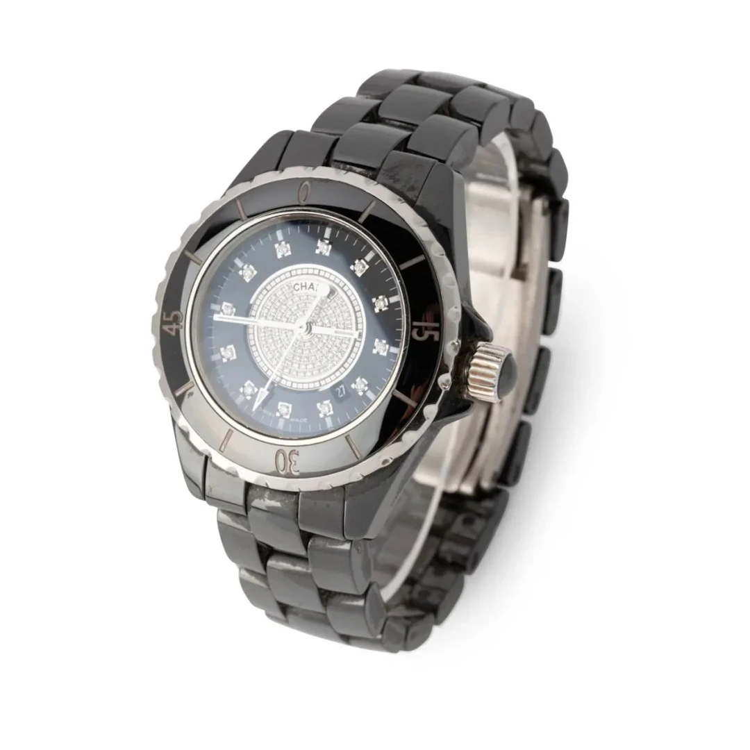 CHANEL "J12" watch in black ceramic, set with diamonds.