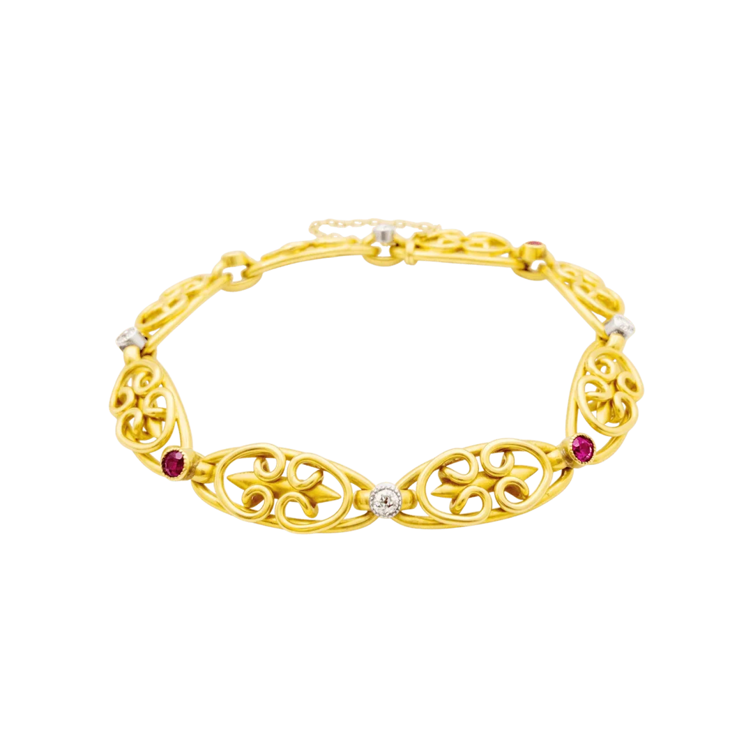 Bracelet with a link made of yellow gold, platinum, rubies, and diamonds