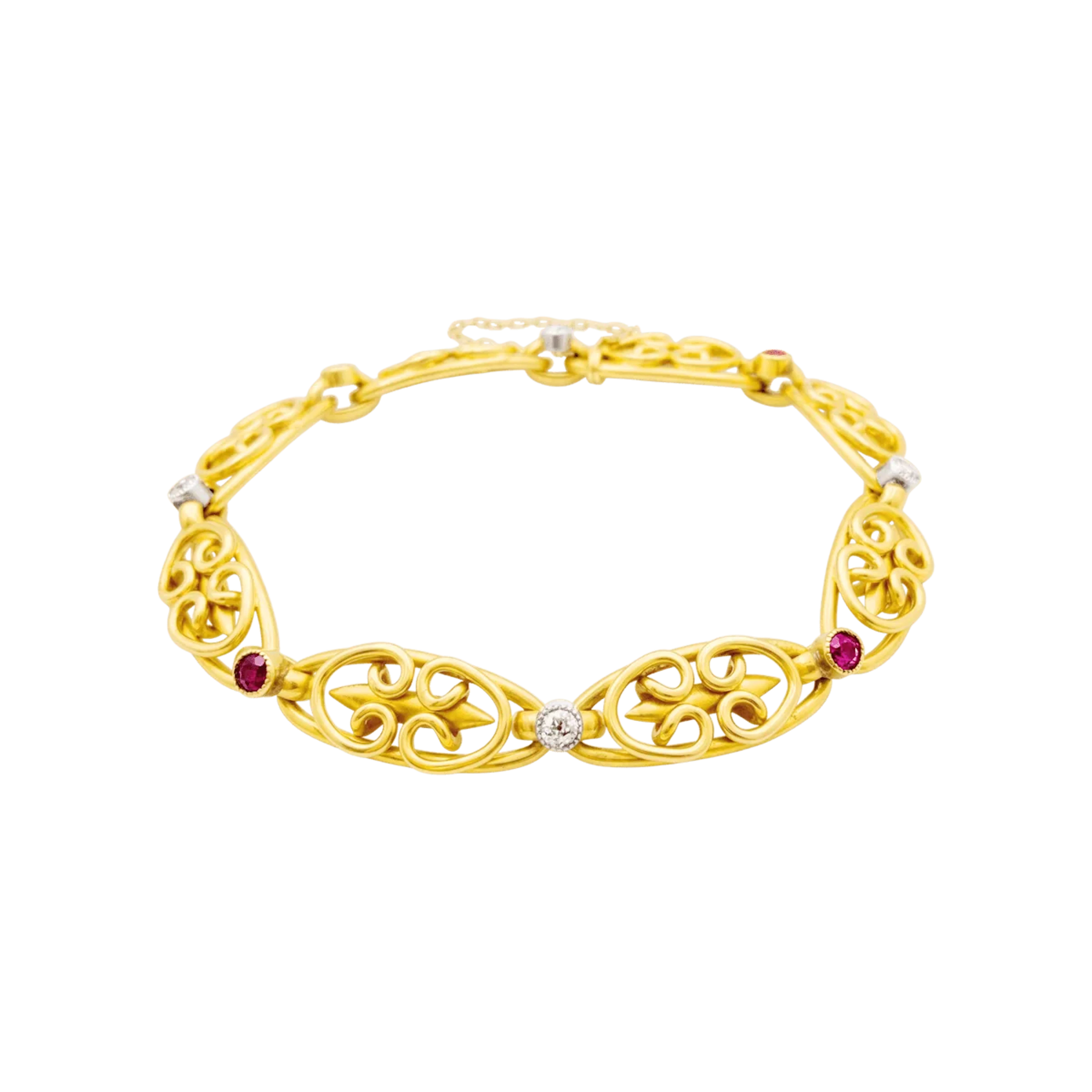 Bracelet with a link made of yellow gold, platinum, rubies, and diamonds