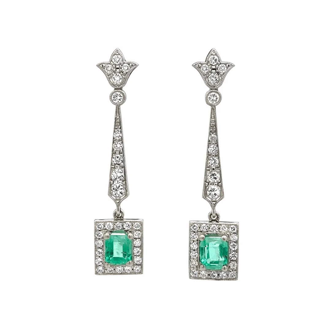 Drop Earrings in Platinum, Emeralds, and Diamonds