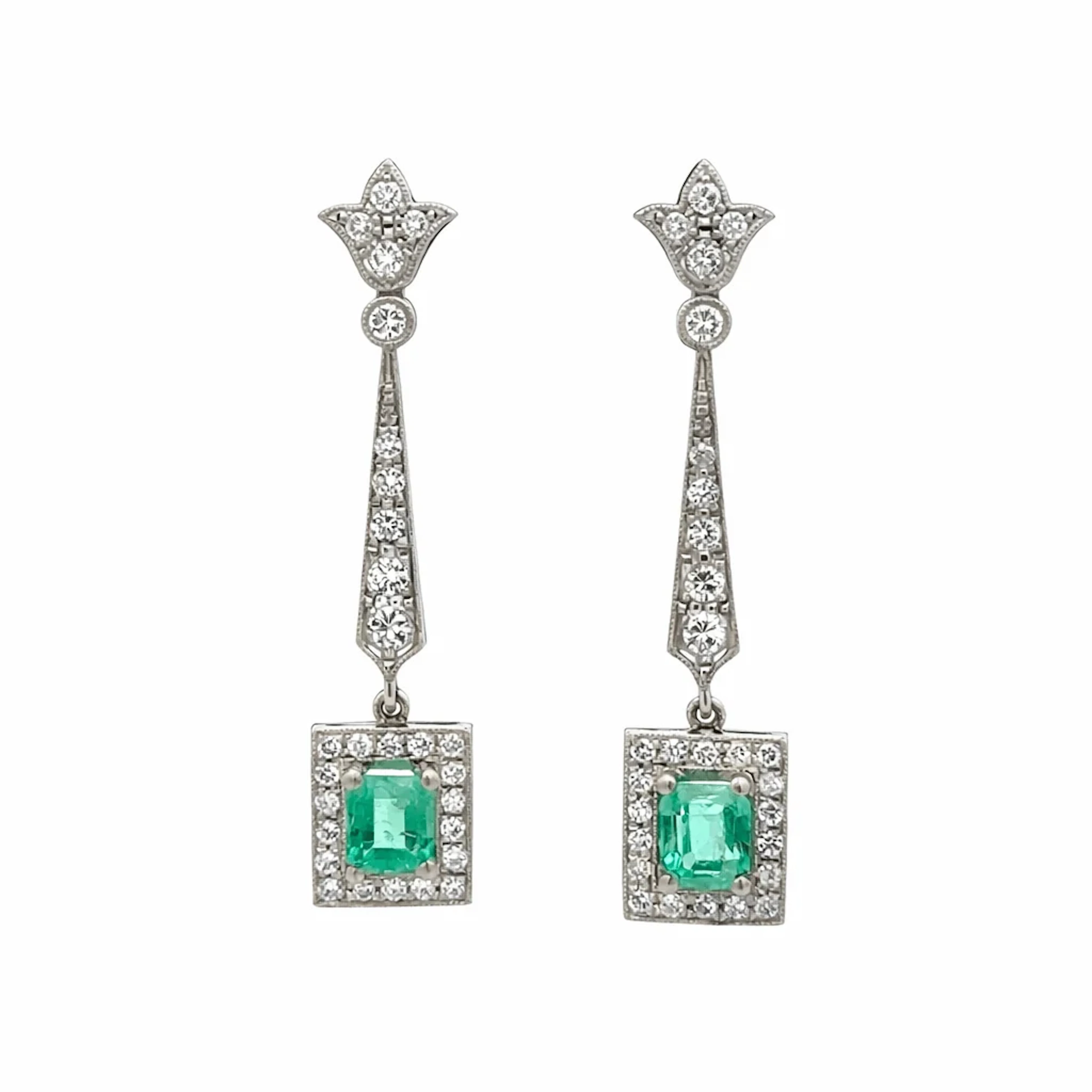 Drop Earrings in Platinum, Emeralds, and Diamonds