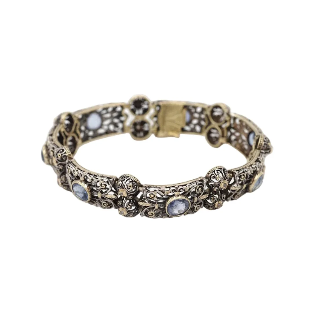 Yellow gold, silver, sapphire and diamond mesh bracelet
