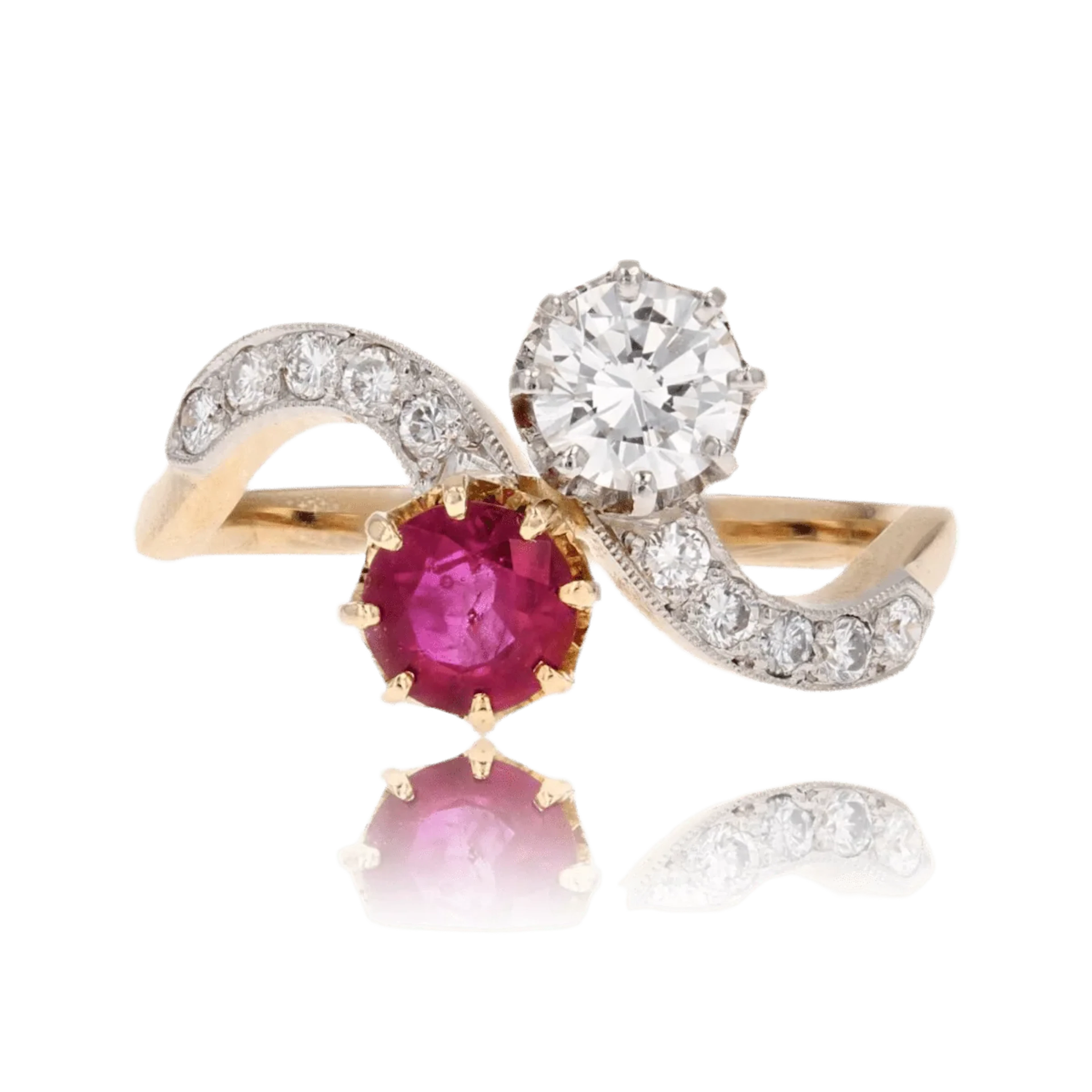 Toi & Moi ring in yellow gold, platinum, rubies and diamonds