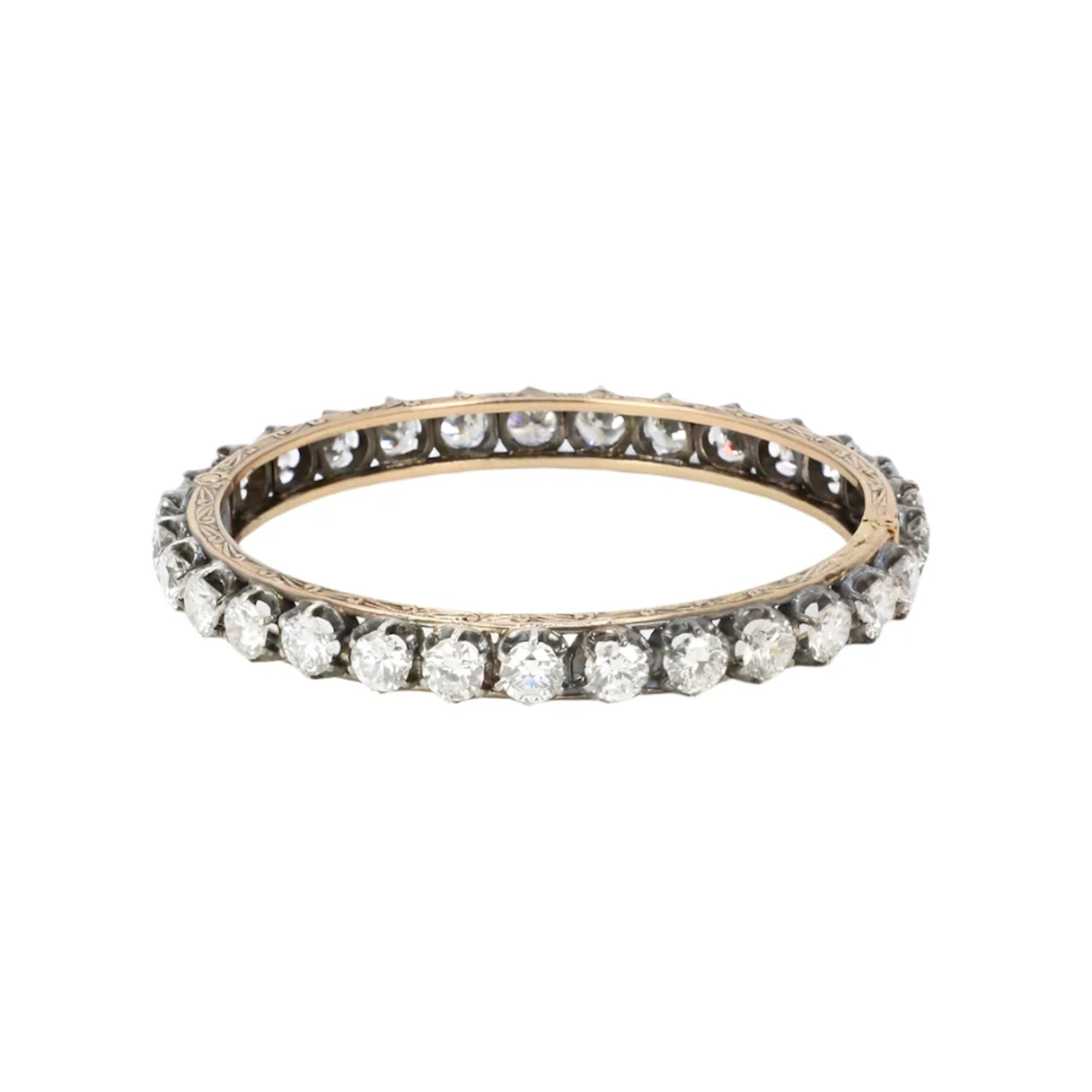 Yellow Gold, Silver, and Diamond Bangle Bracelet