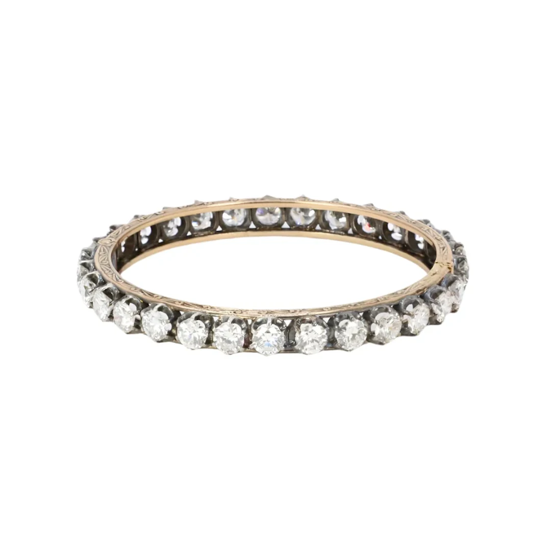 Yellow Gold, Silver, and Diamond Bangle Bracelet