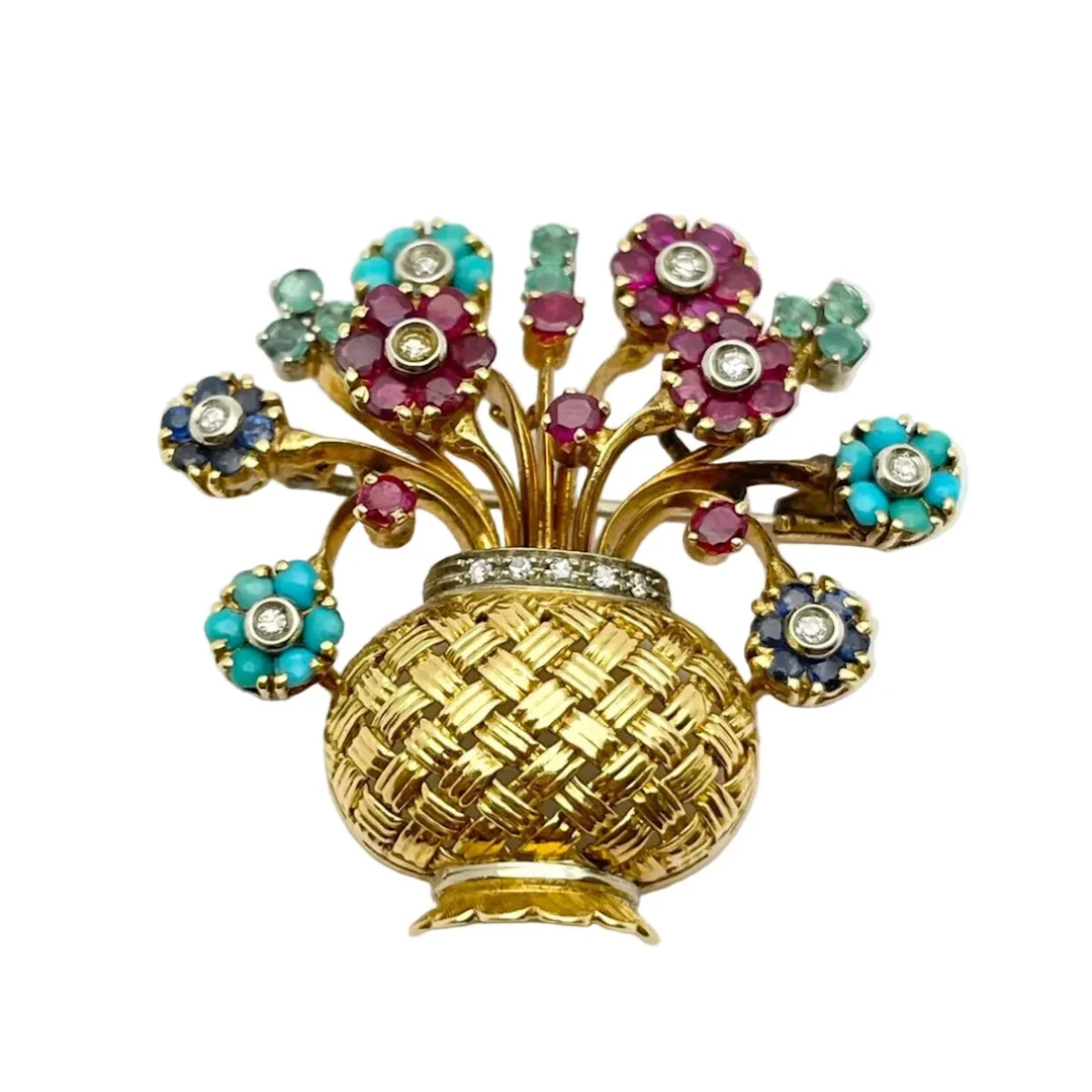 Yellow Gold Brooch with Sapphires, Rubies, Turquoises, and Diamonds