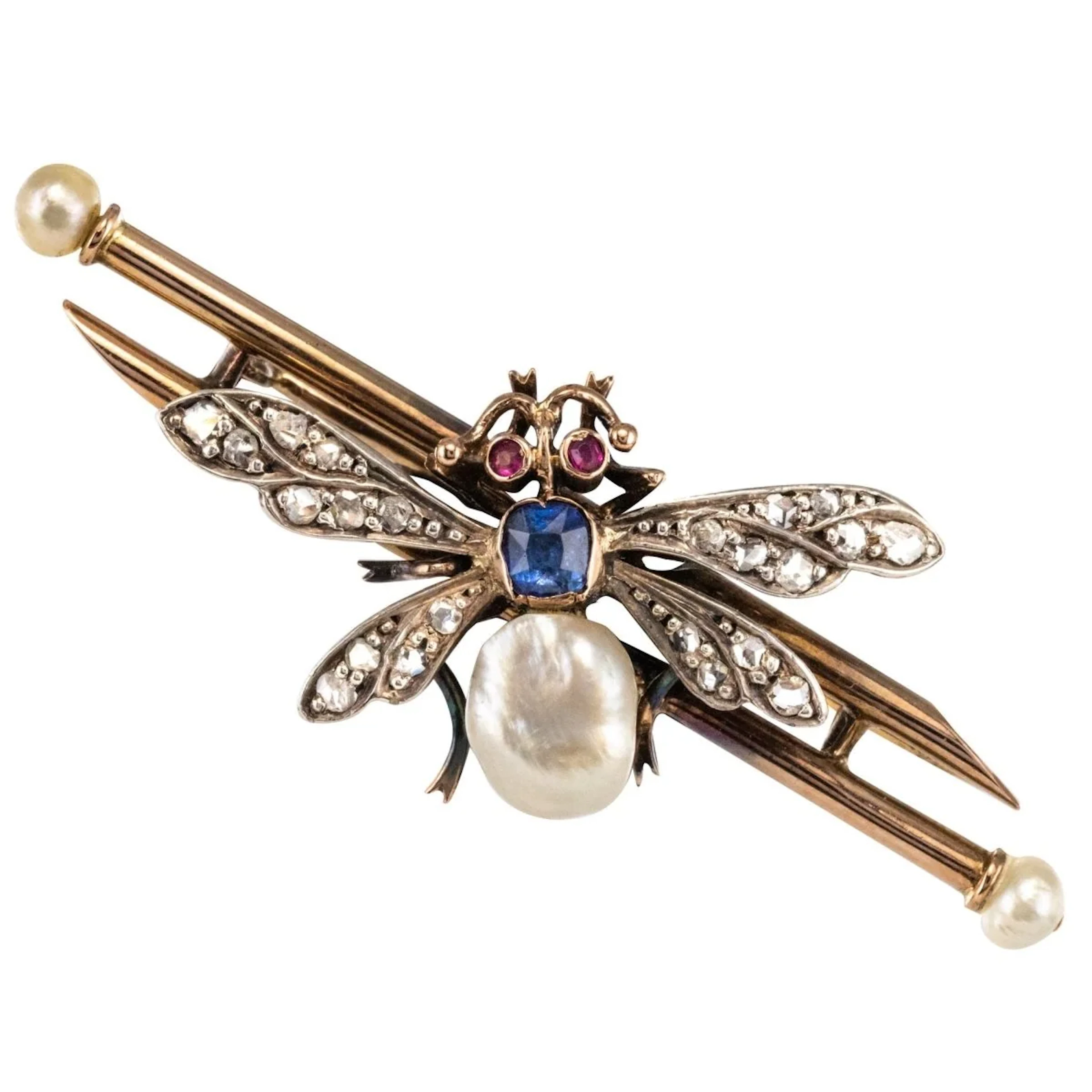 Broche Épingle en or rose, argent, perles, saphirs, rubis et diamants