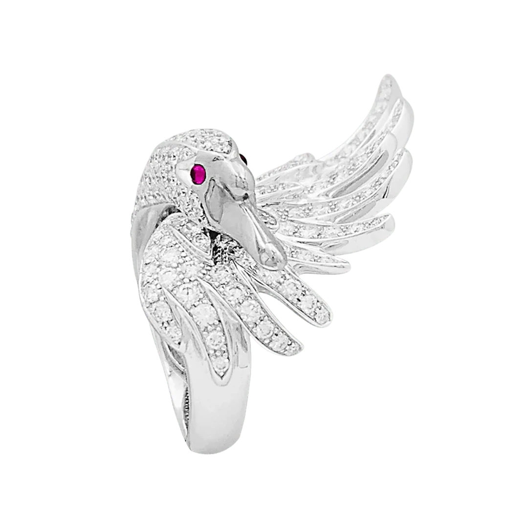 BOUCHERON "Cypris the Swan" Cocktail Ring in White gold, Ruby and Diamonds