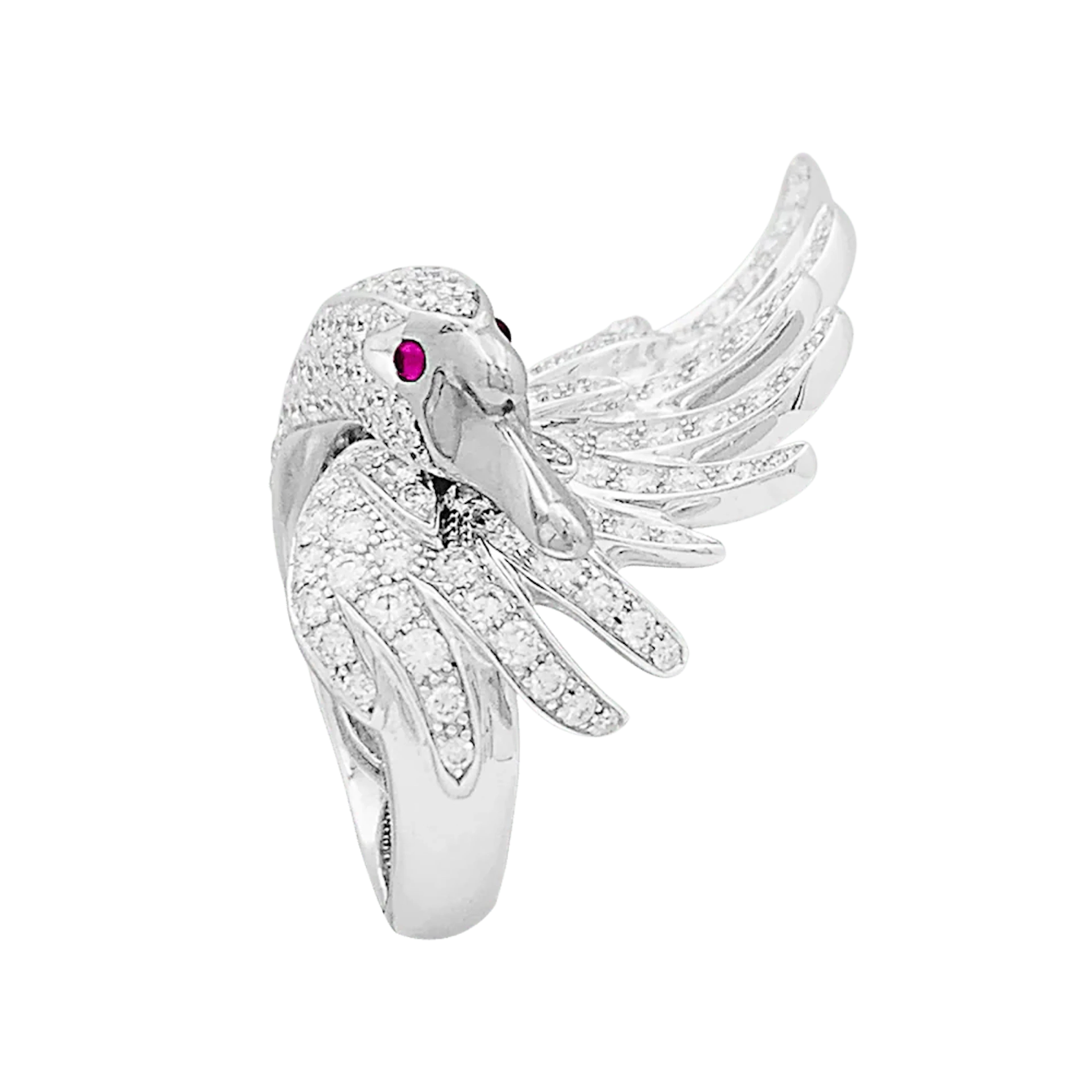 BOUCHERON "Cypris the Swan" Cocktail Ring in White gold, Ruby and Diamonds