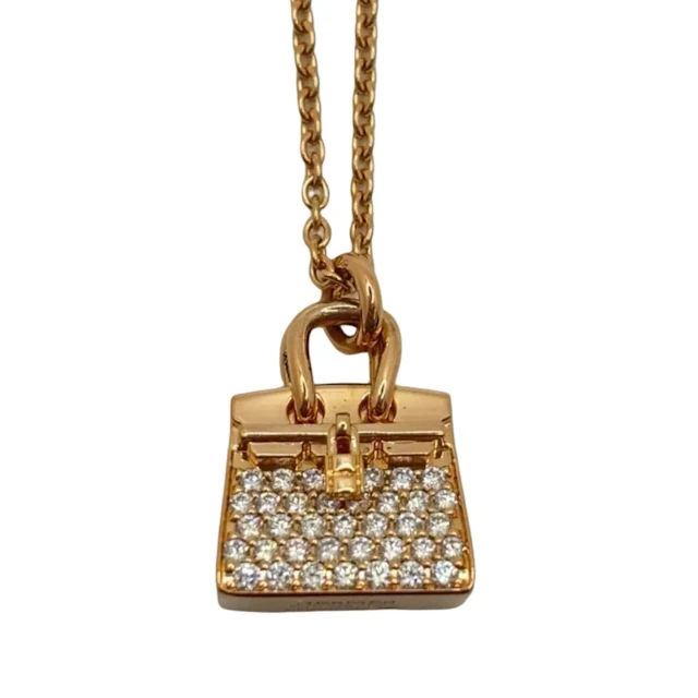 Collier Pendentif HERMÈS "Sac Birkin" en or rose et diamants
