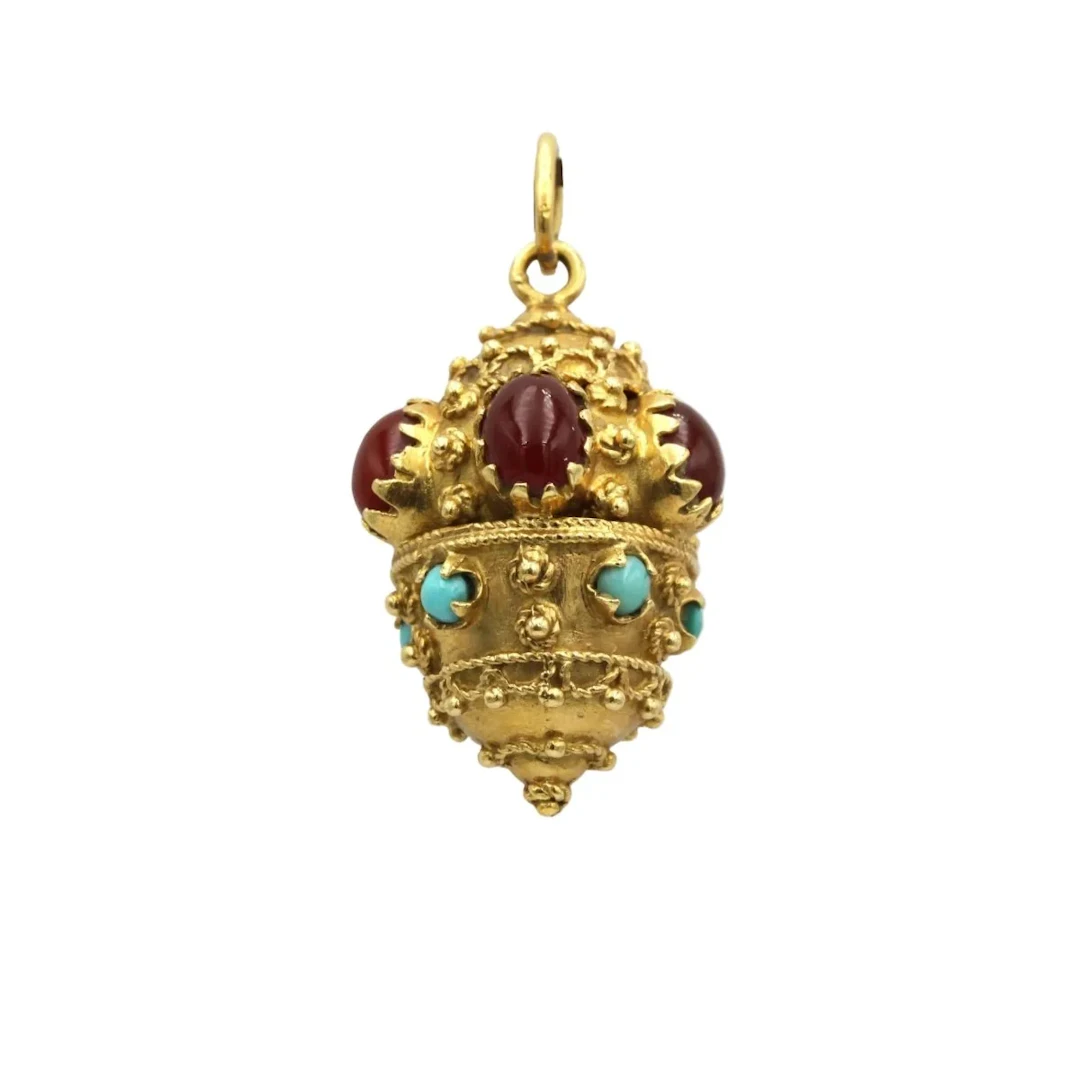 Venetian Pendant - Yellow gold, Carnelian & Turquoise