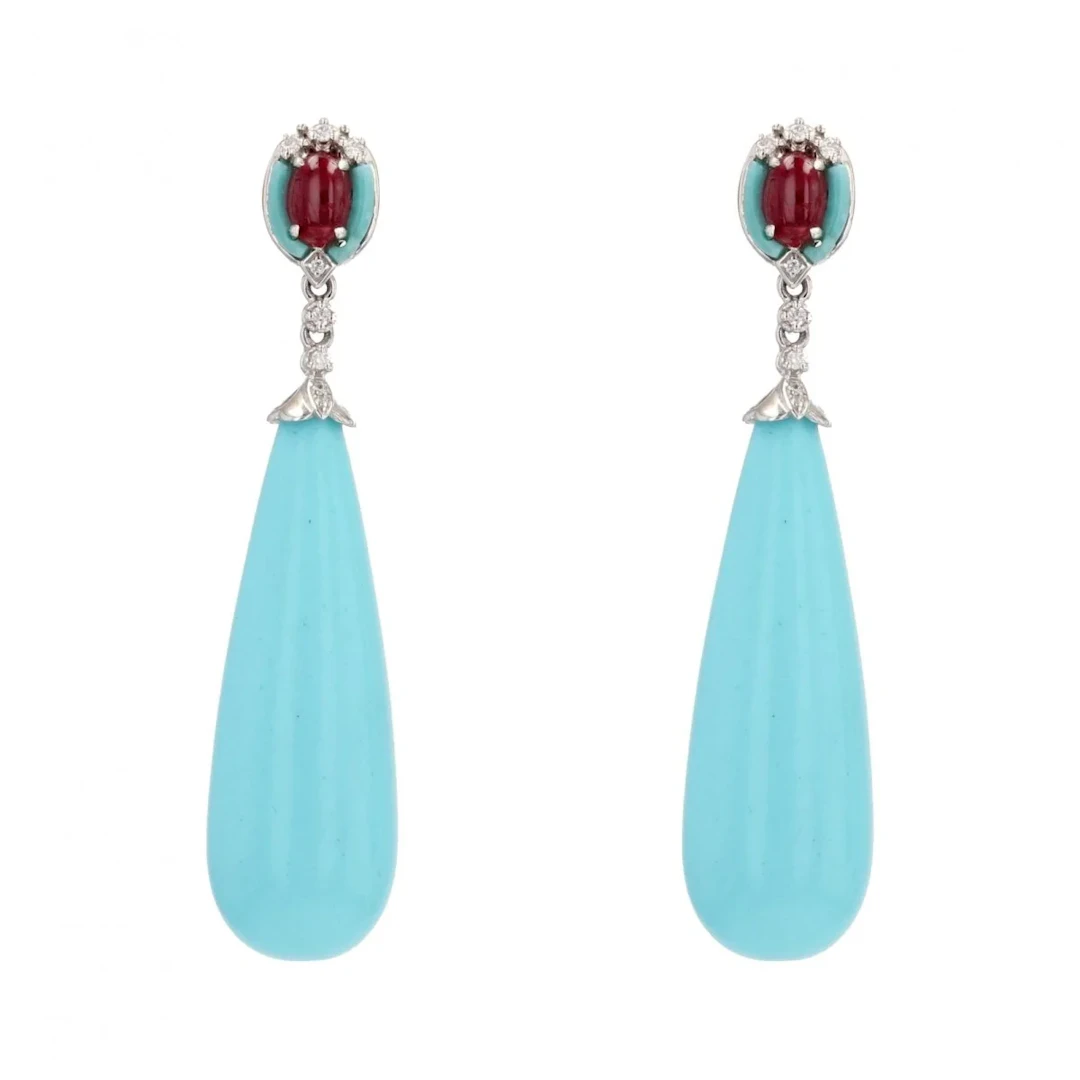 Drop Earrings in White Gold, Rubies, Turquoises, and Diamonds