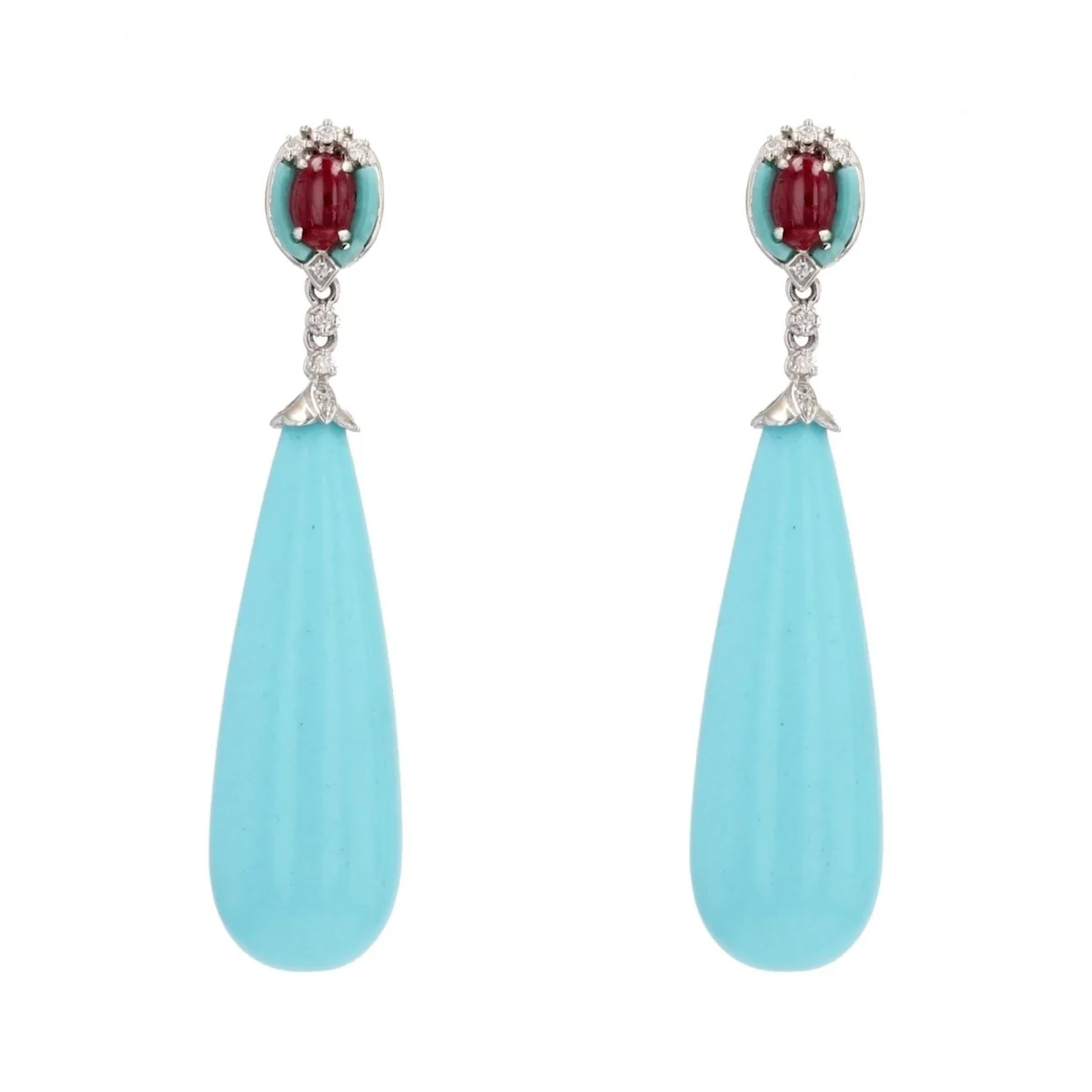 Drop Earrings in White Gold, Rubies, Turquoises, and Diamonds
