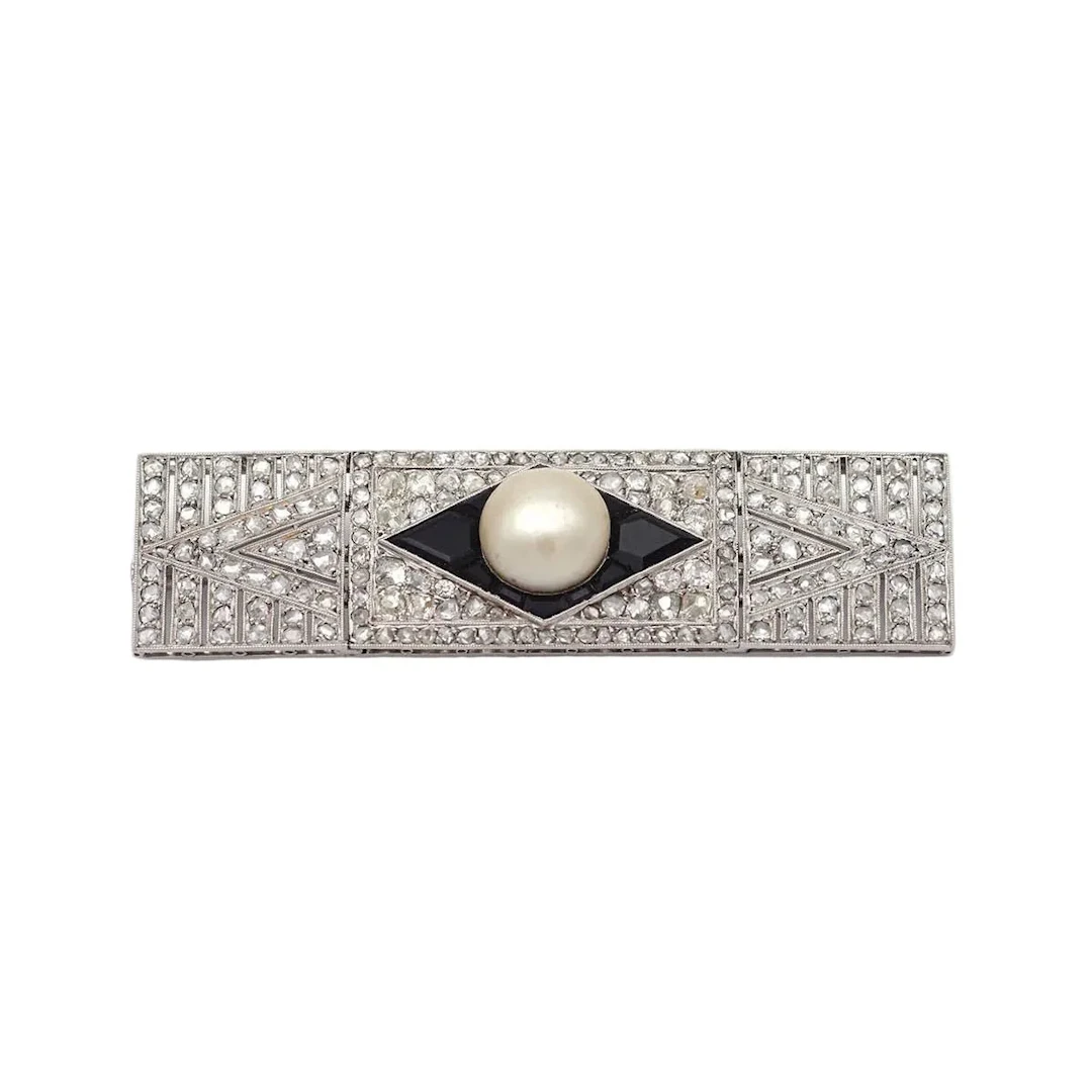 Broche Épingle en platine, perle, onyx et diamants