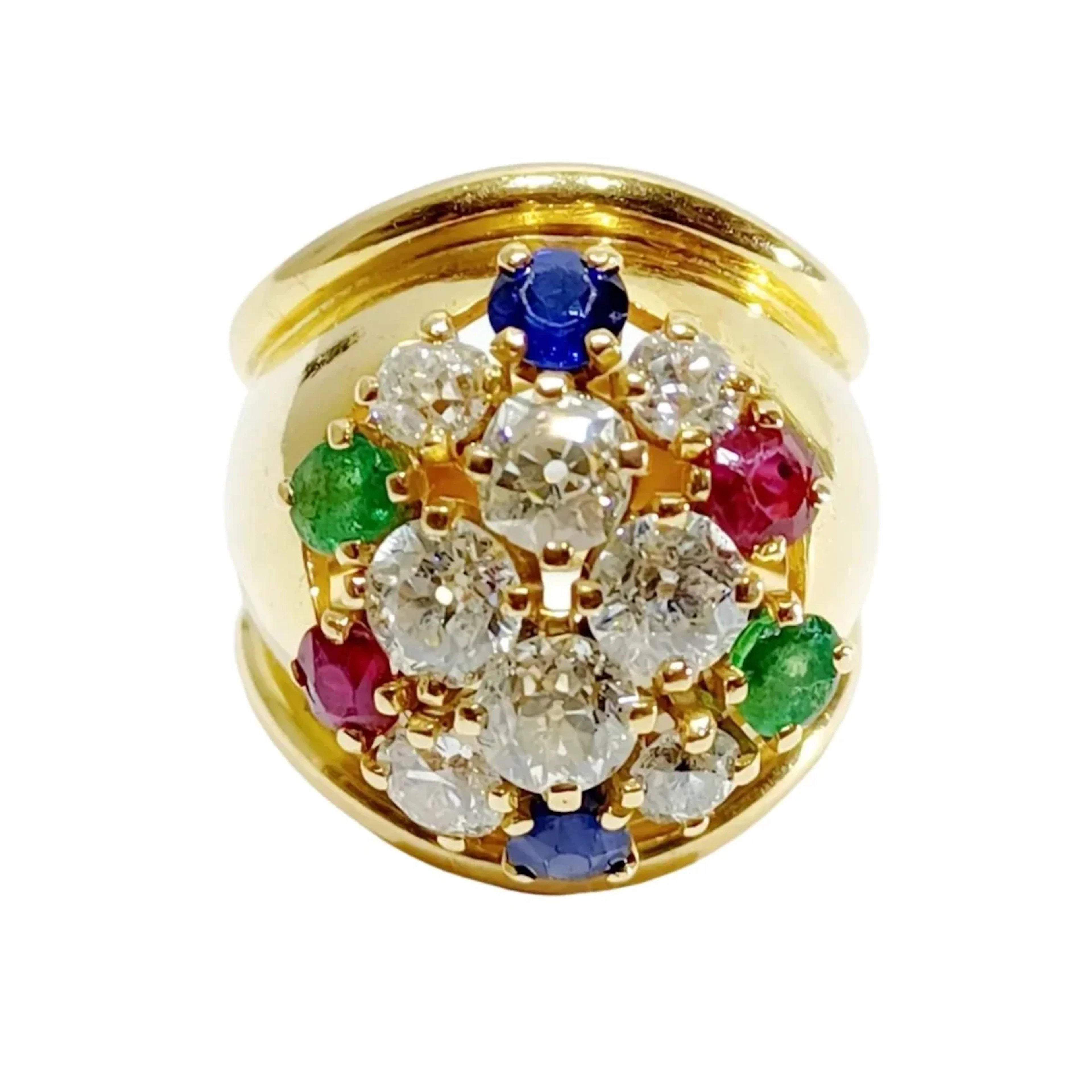Ring Cocktail in yellow gold, rubies, emeralds, sapphires and diamonds