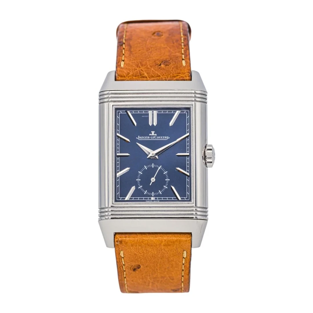 Montre JAEGER-LECOULTRE "Reverso Tribute Duoface" en acier, argent et cuir