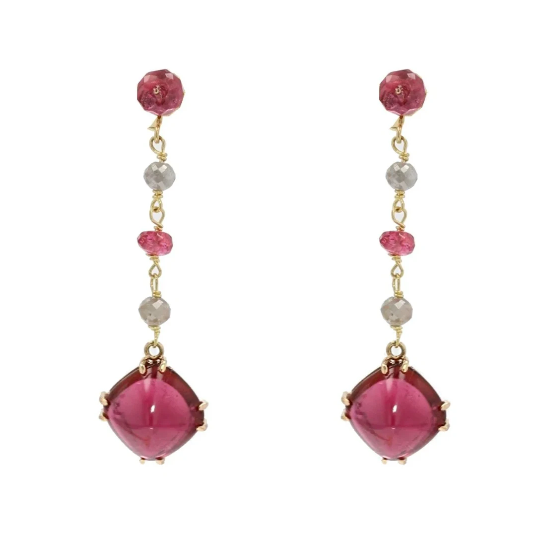 Earrings Hanging in yellow gold, tourmalines, spinels and diamonds