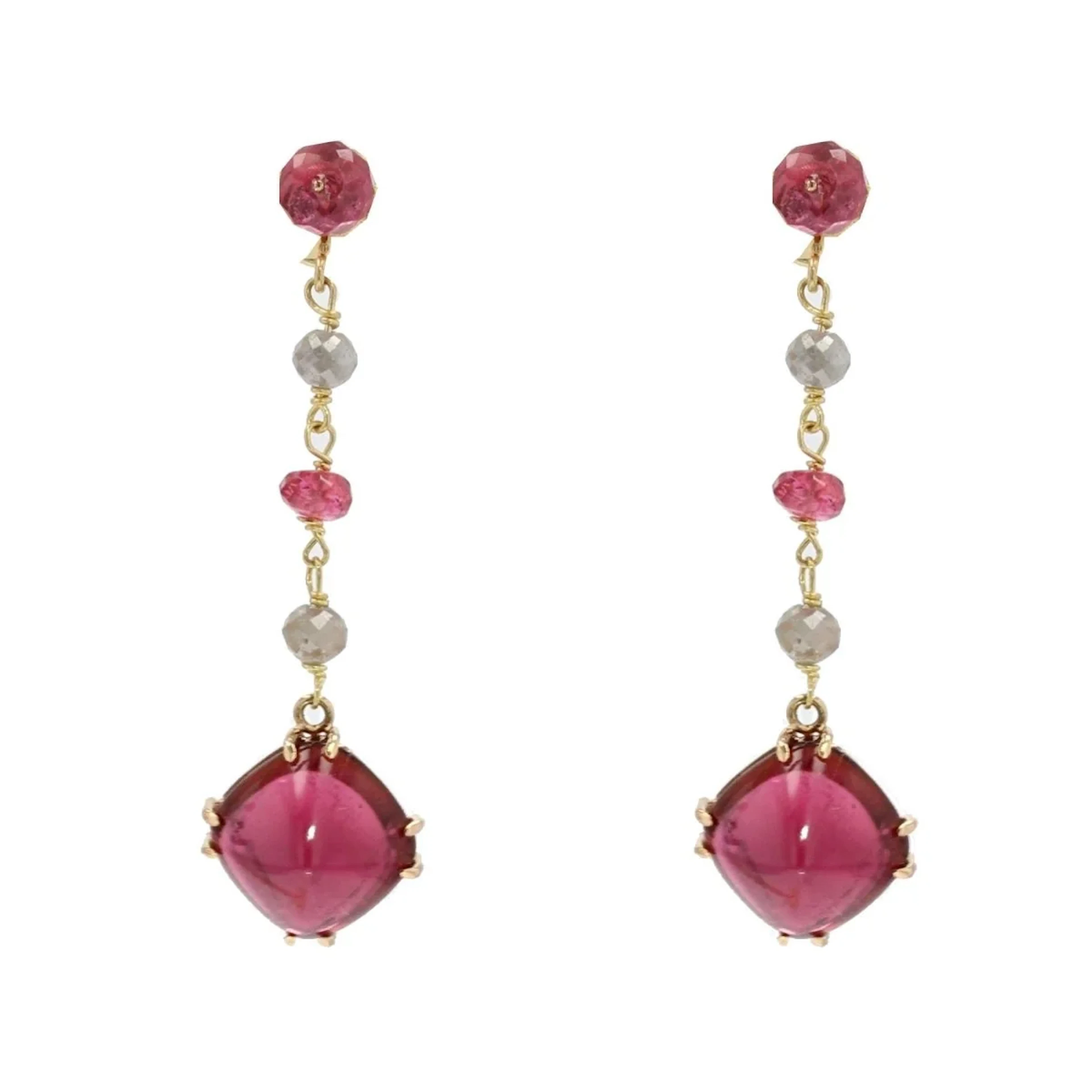 Earrings Hanging in yellow gold, tourmalines, spinels and diamonds