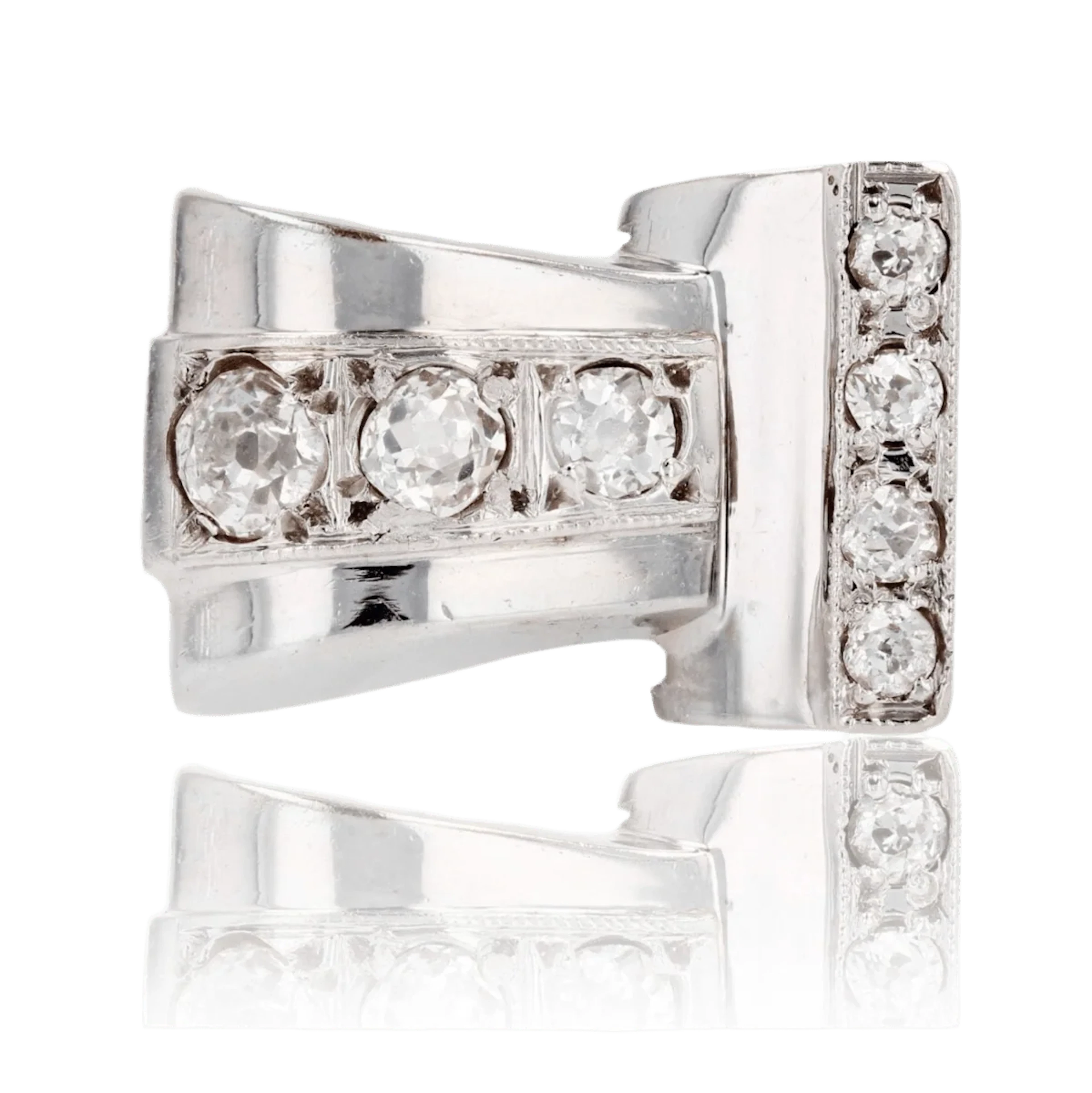 Tank ring in rhodium-plated gold and diamonds