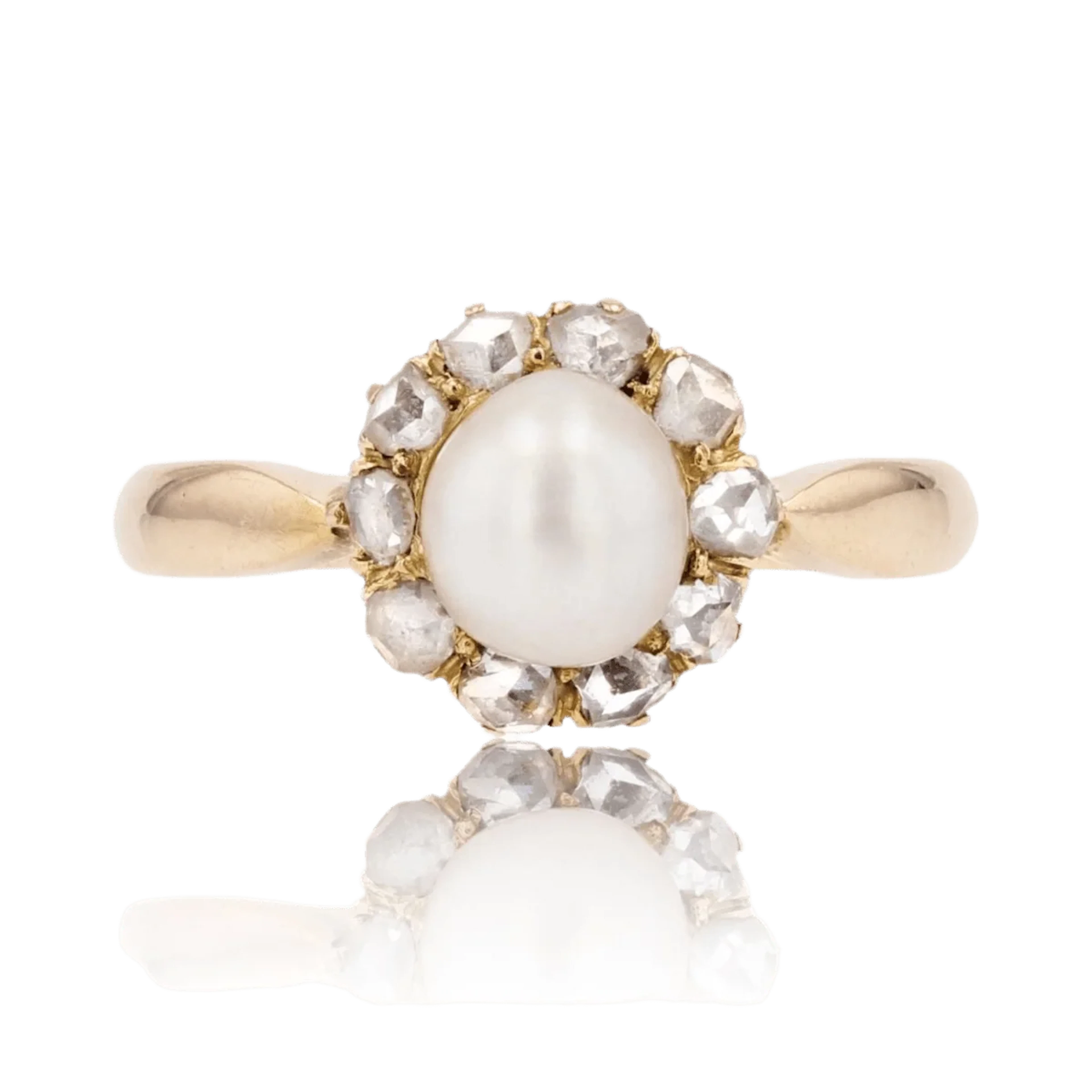 Daisy ring in yellow gold, pearl and diamonds