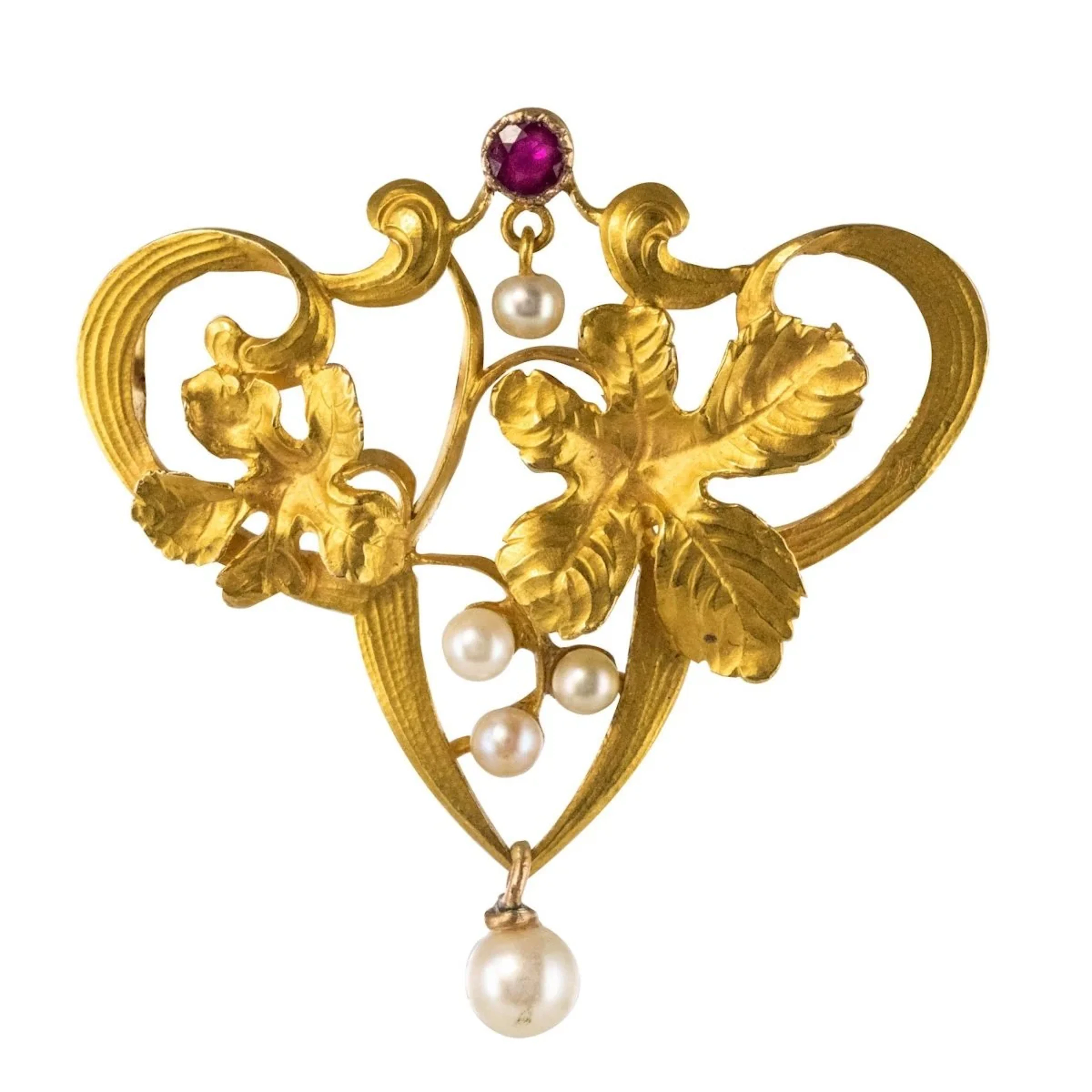 Gold brooch pin with pearls and rubies