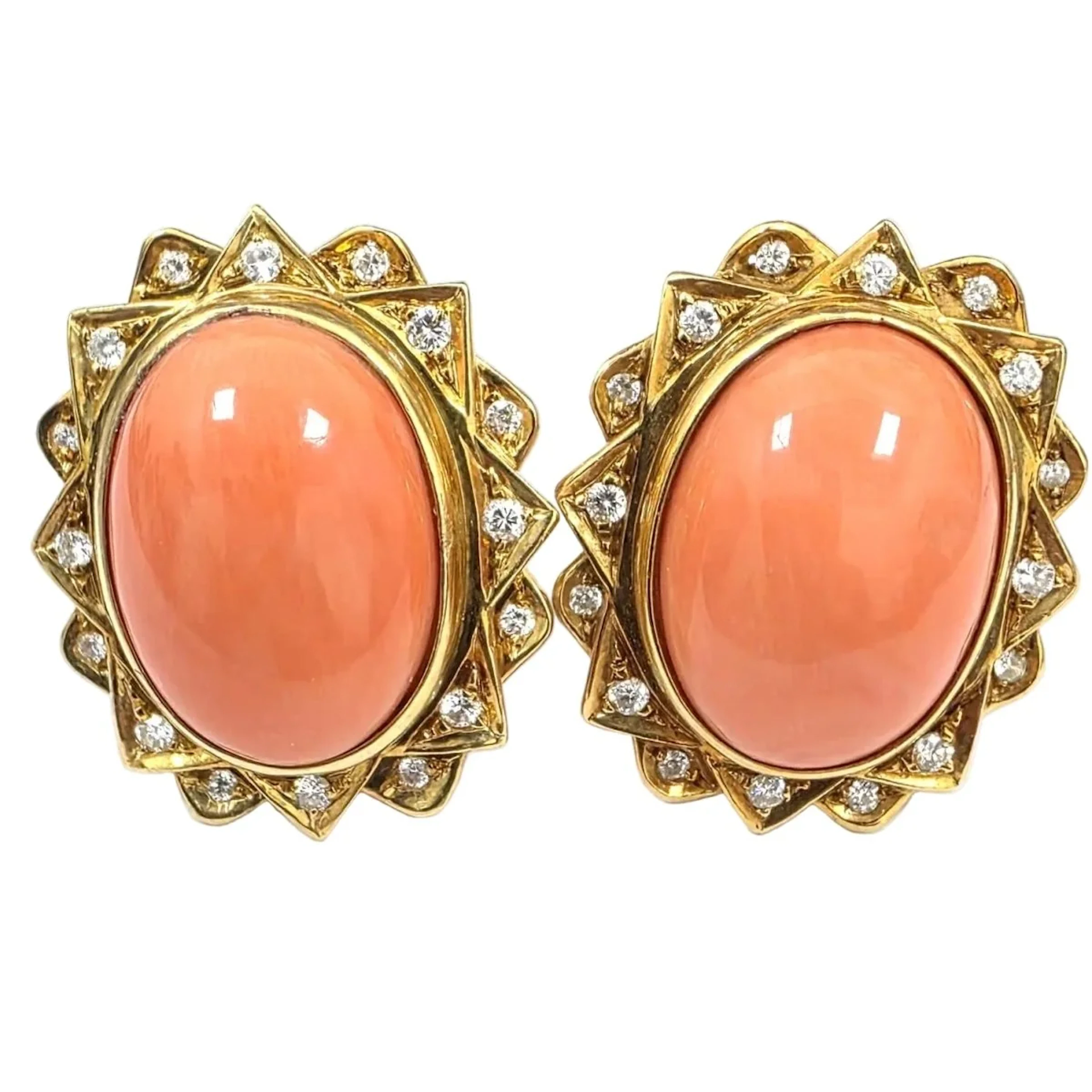 Yellow Gold Clip-On Earrings with Coral and Diamonds