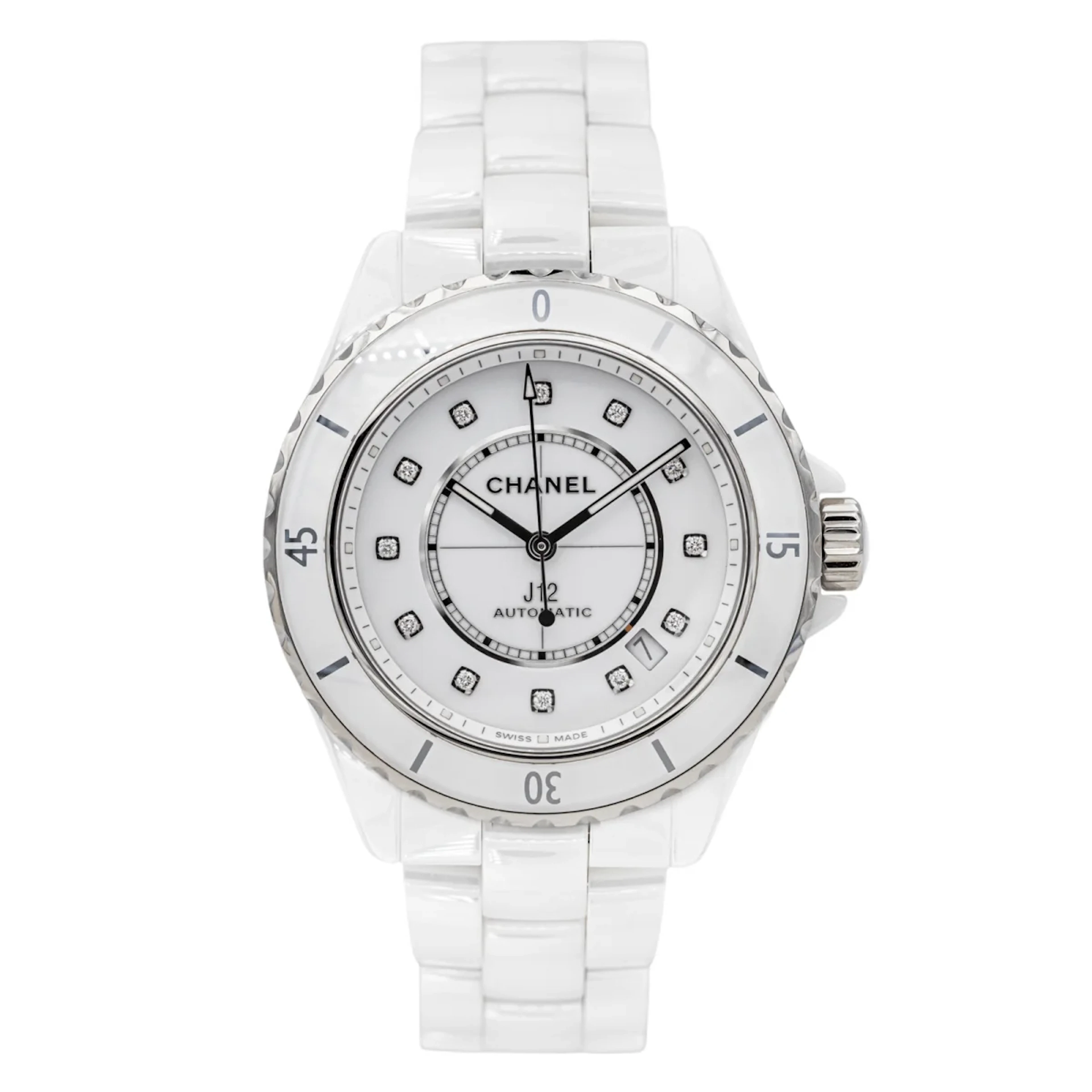 Watch Mechanical CHANEL "J12" in ceramic and diamonds