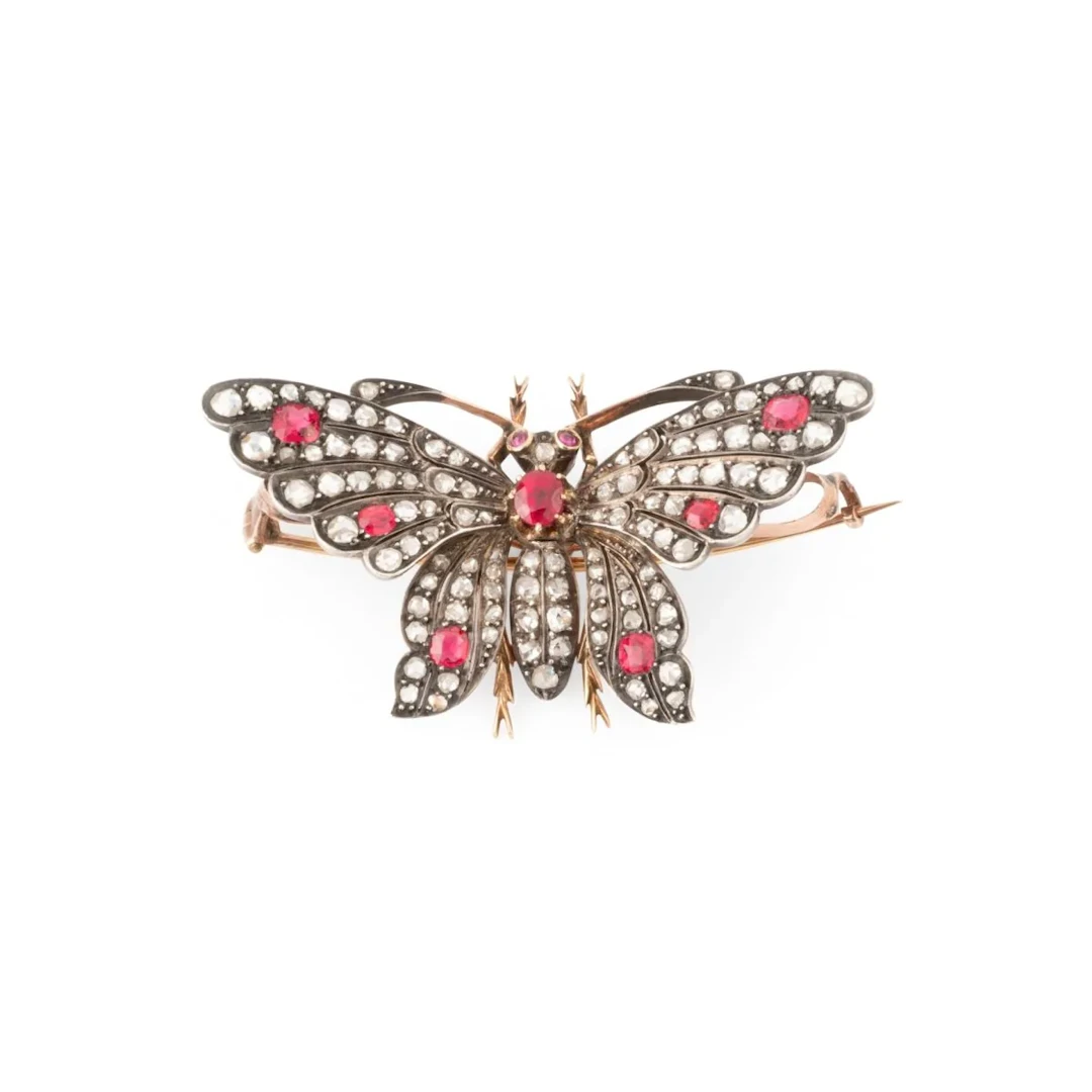 “Butterfly” brooch in yellow gold, silver, rubies, spinels, and diamonds