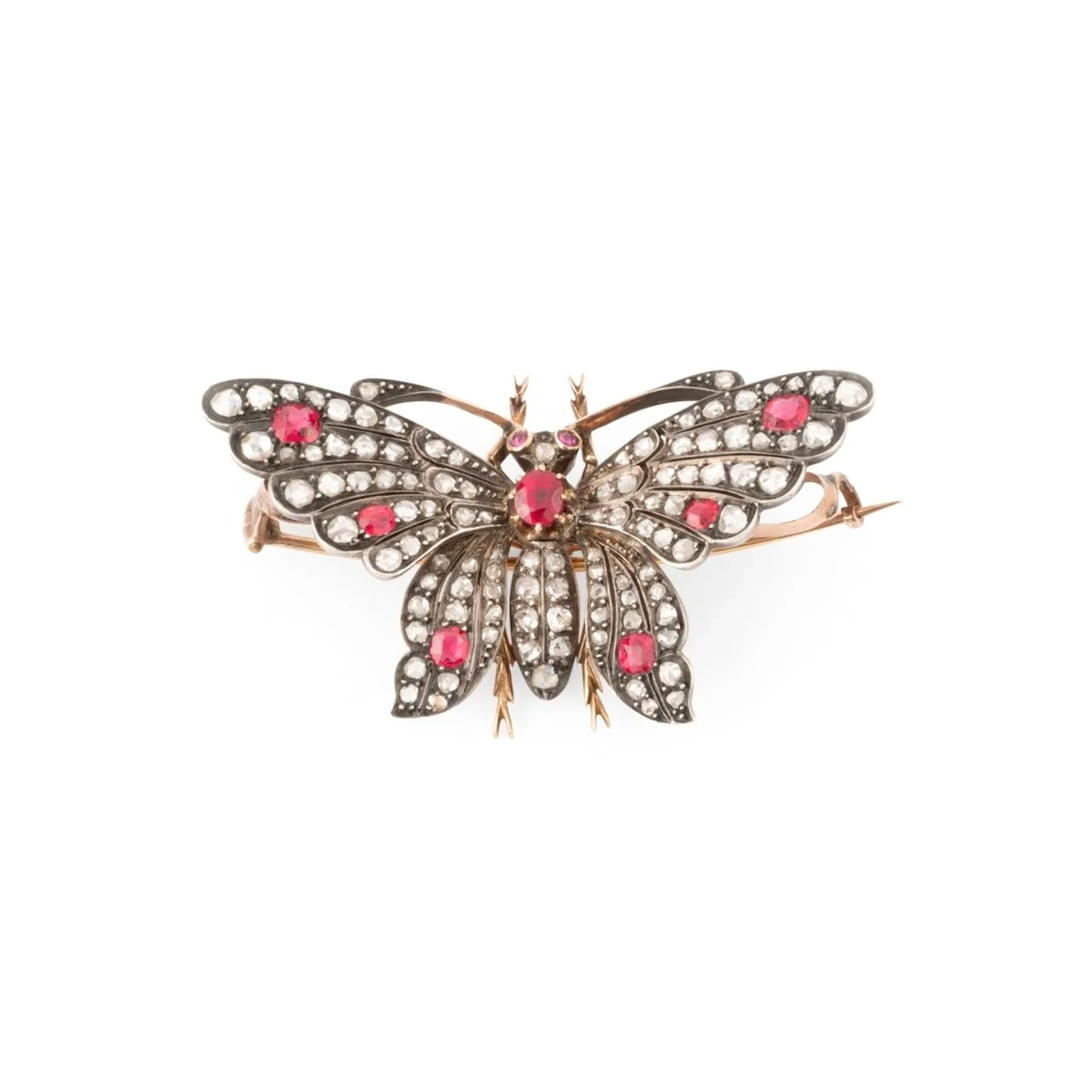 “Butterfly” brooch in yellow gold, silver, rubies, spinels, and diamonds