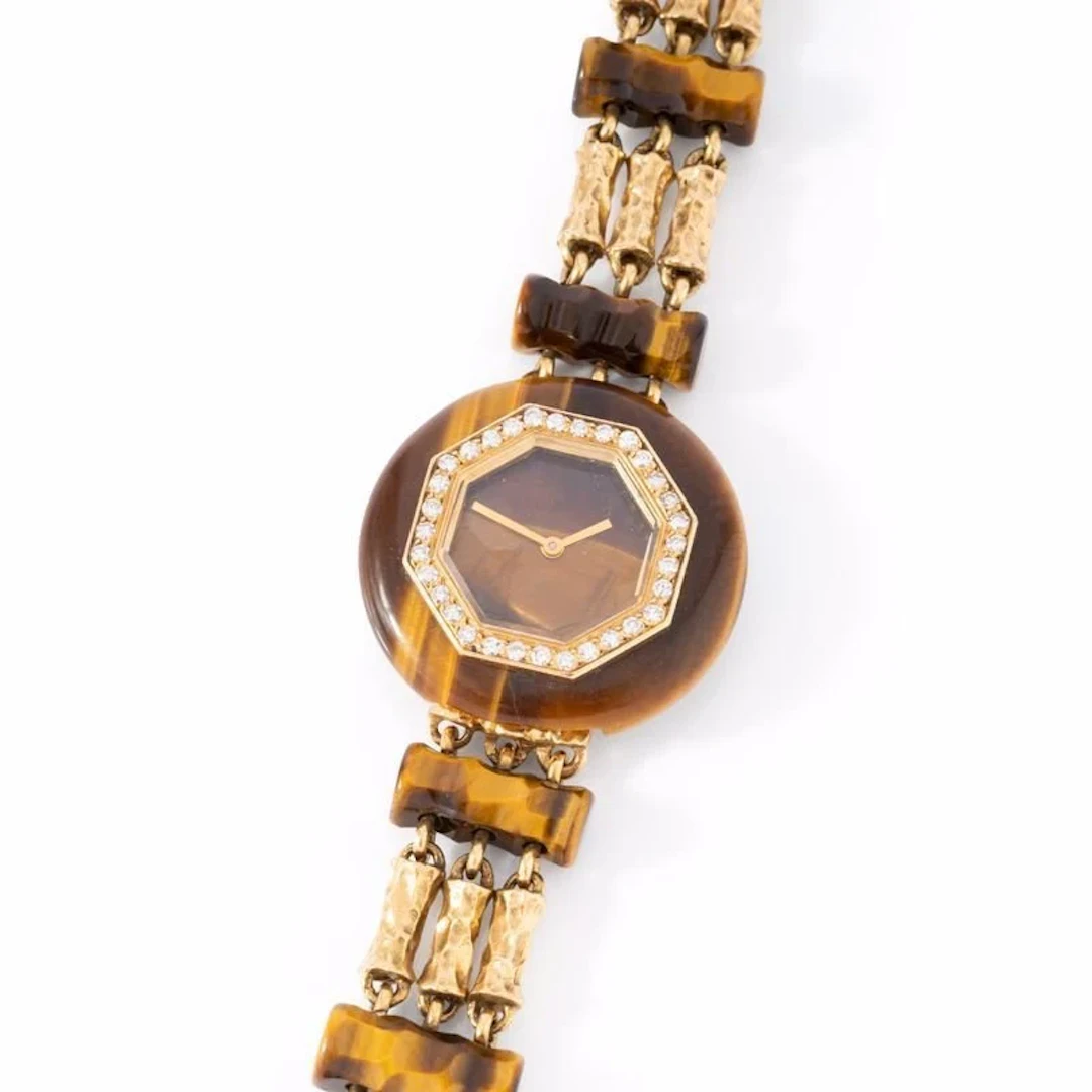 BOUCHERON watch in yellow gold, tiger's eye and diamonds
