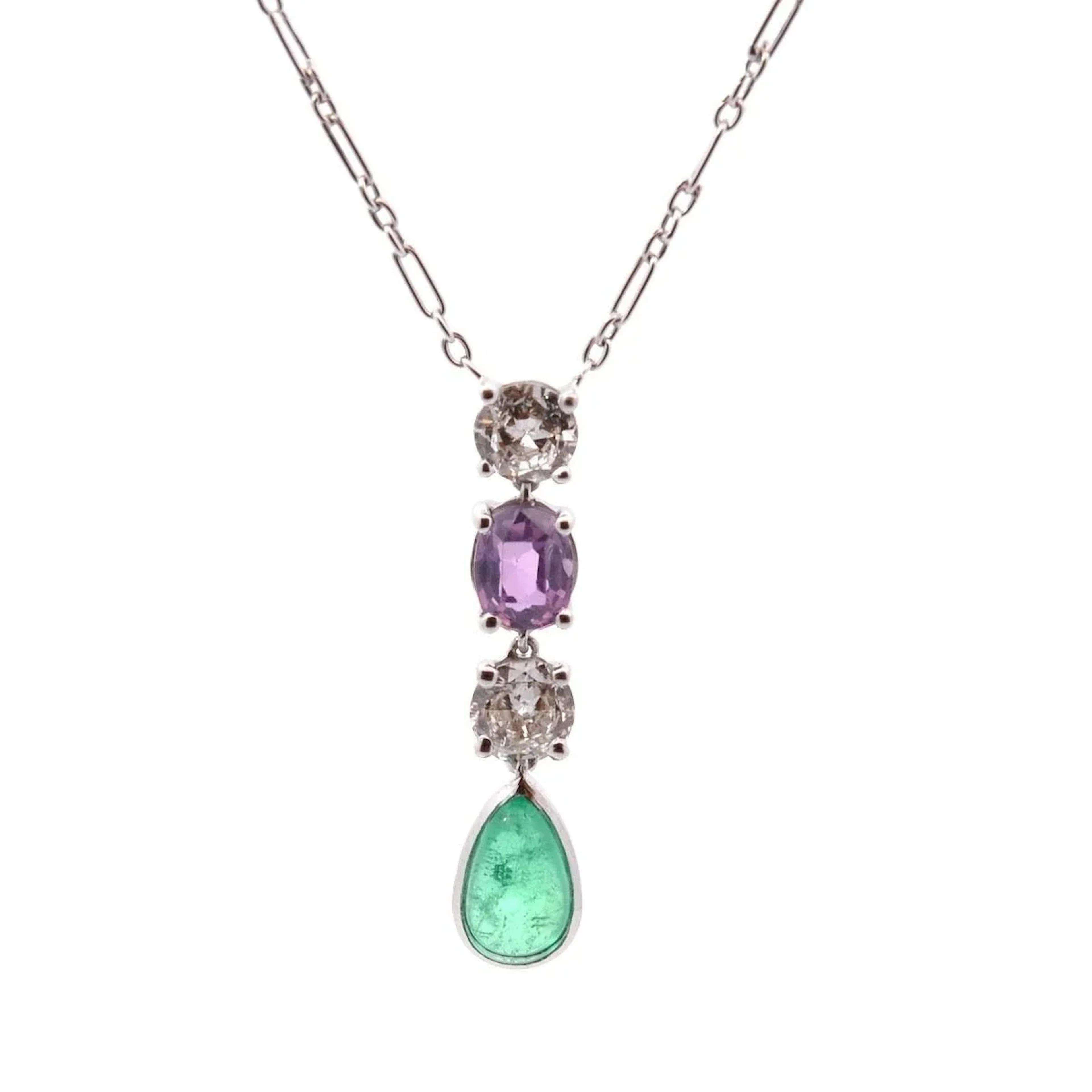 White gold pendant necklace with emerald, sapphire and diamonds