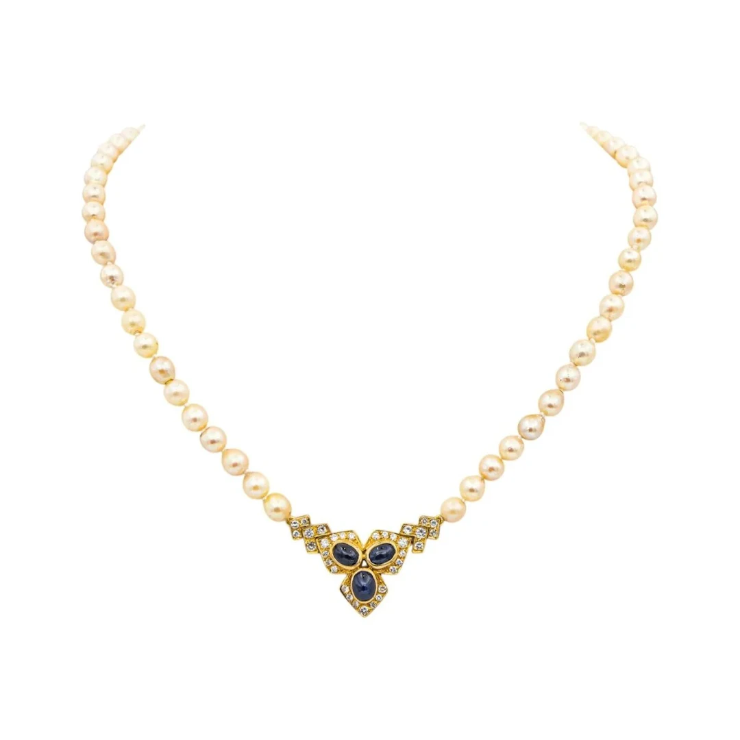 Yellow gold, sapphire and diamond pearl necklace