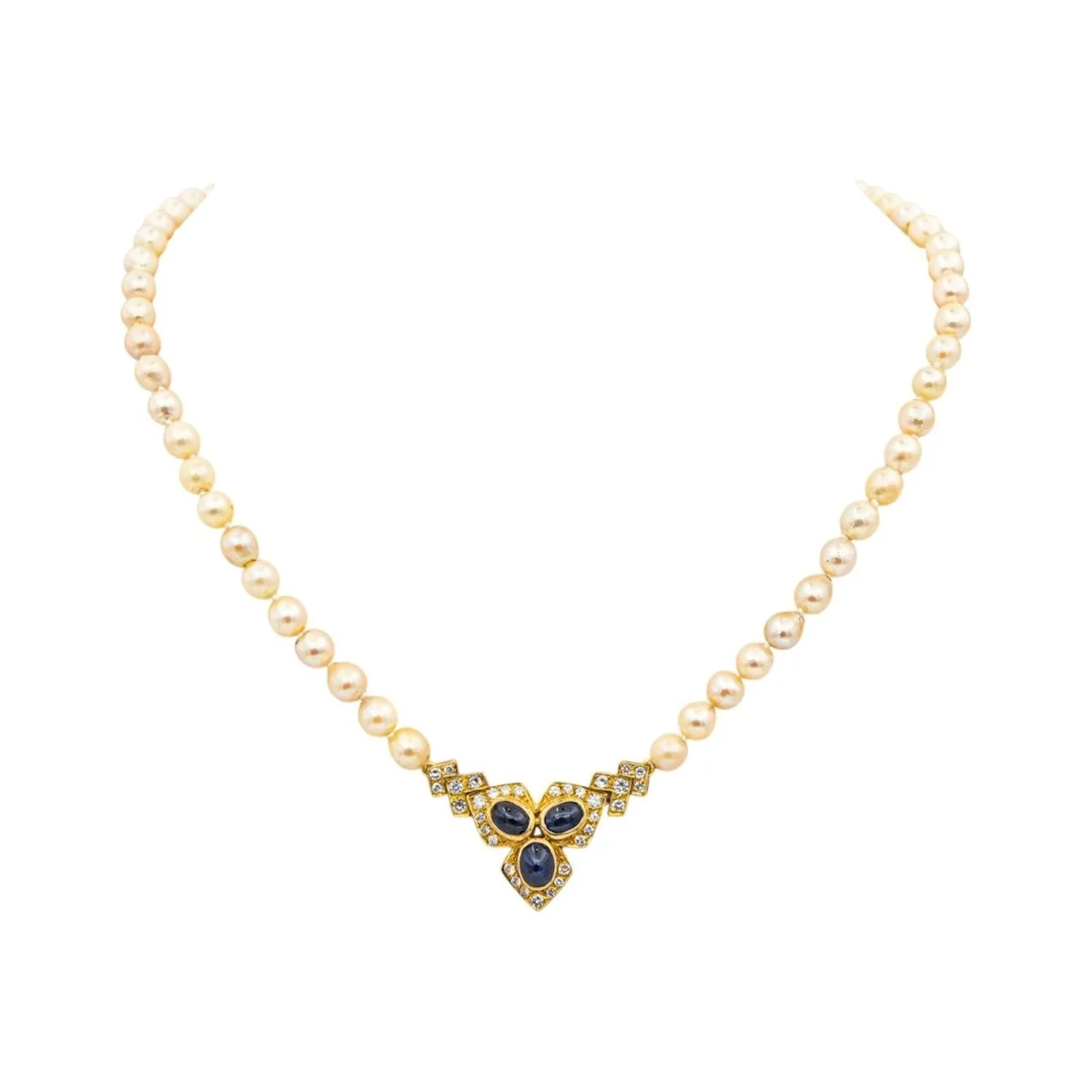Yellow gold, sapphire and diamond pearl necklace