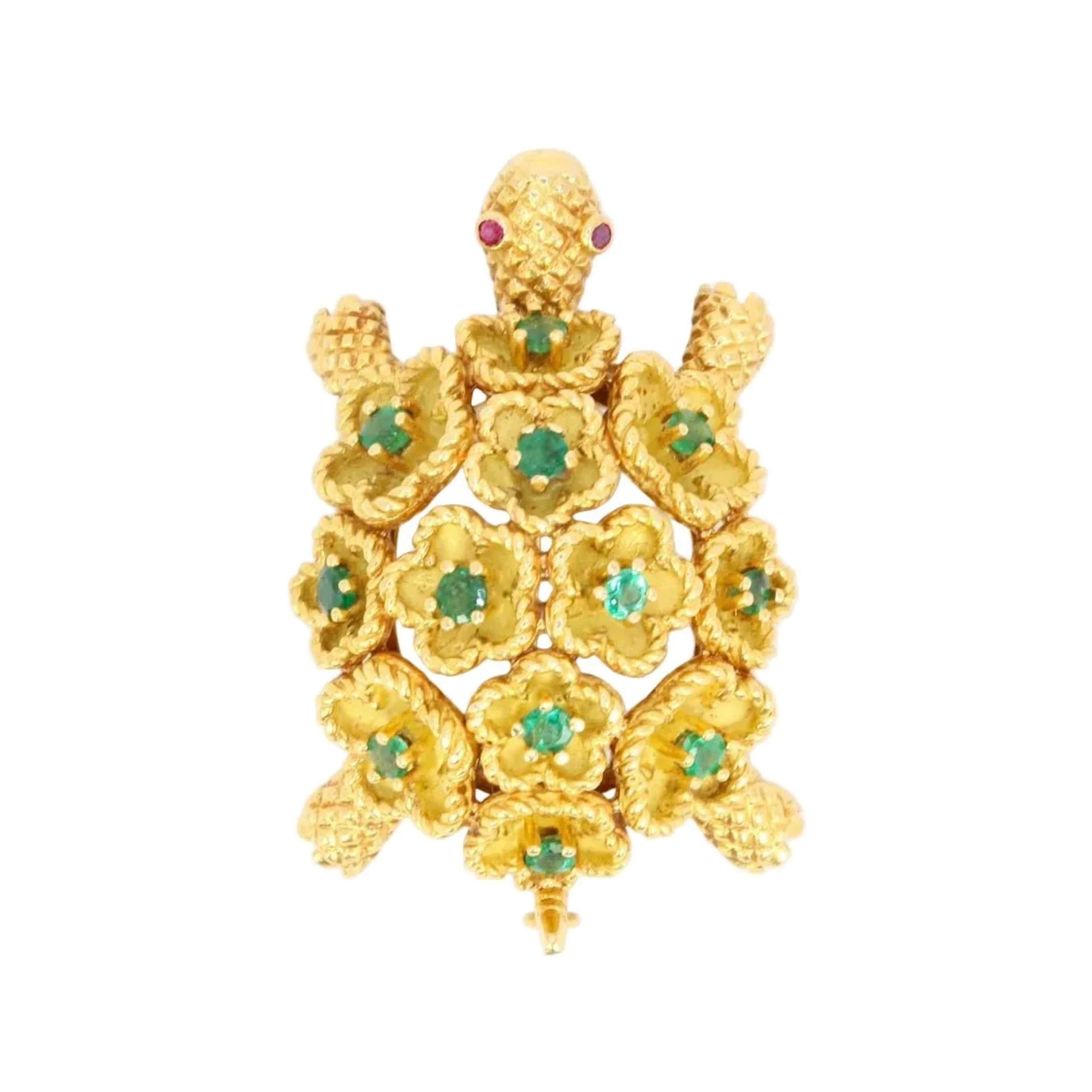 Yellow Gold Brooch with Emeralds and Rubies